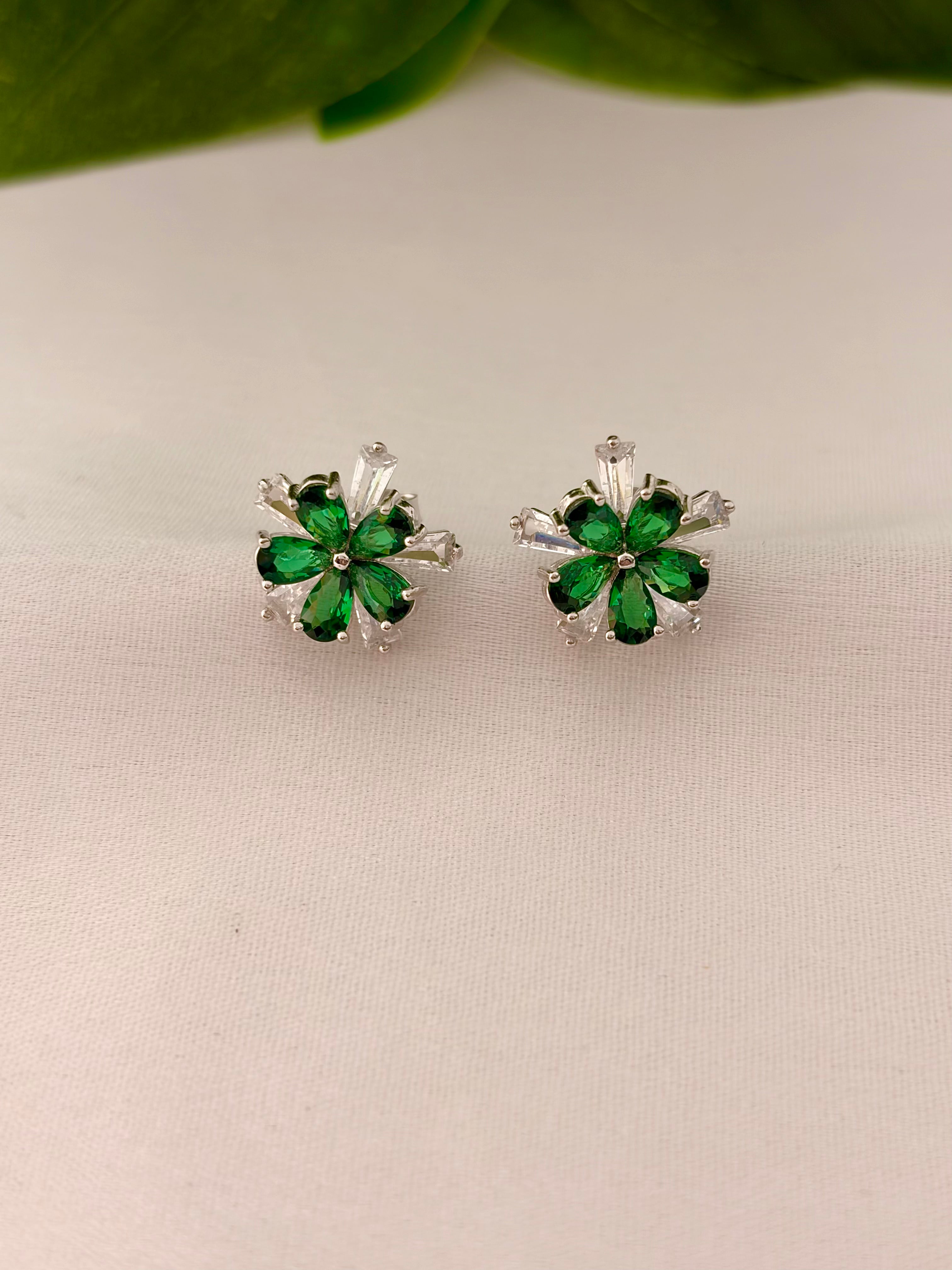 Elegant Green Floral Crystal Stud Earrings in Silver Tone