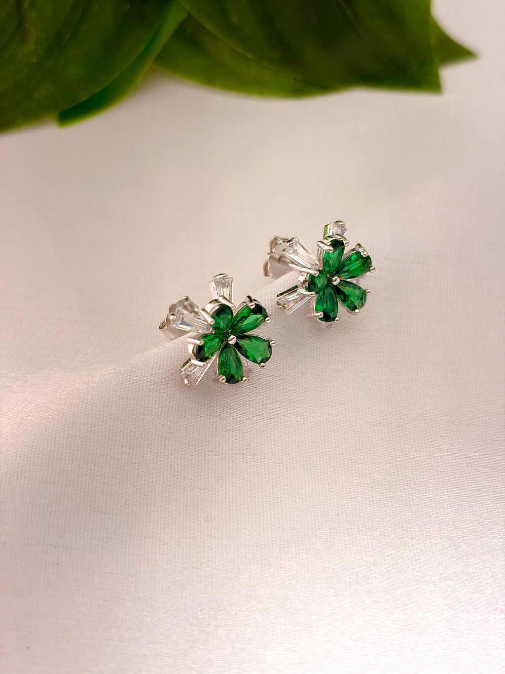 Elegant Green Floral Crystal Stud Earrings in Silver Tone