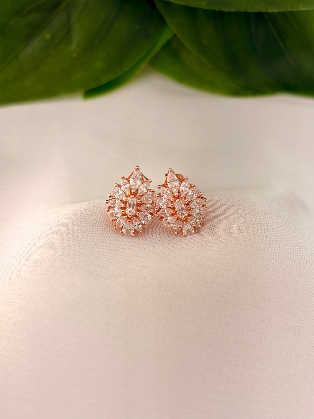 Classic Crystal Floral Cluster Stud Earrings in Rose Gold Tone