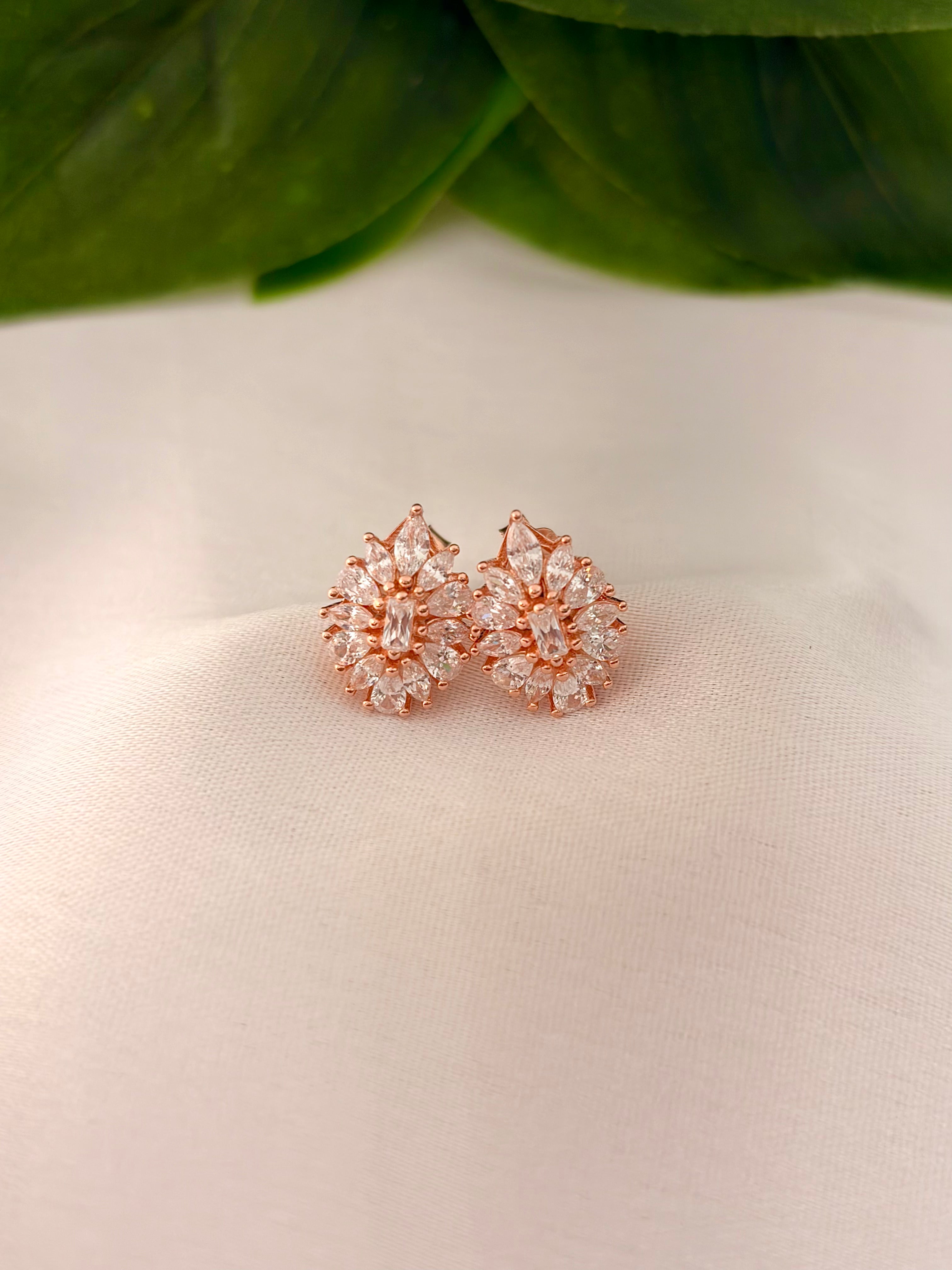 Classic Crystal Floral Cluster Stud Earrings in Rose Gold Tone