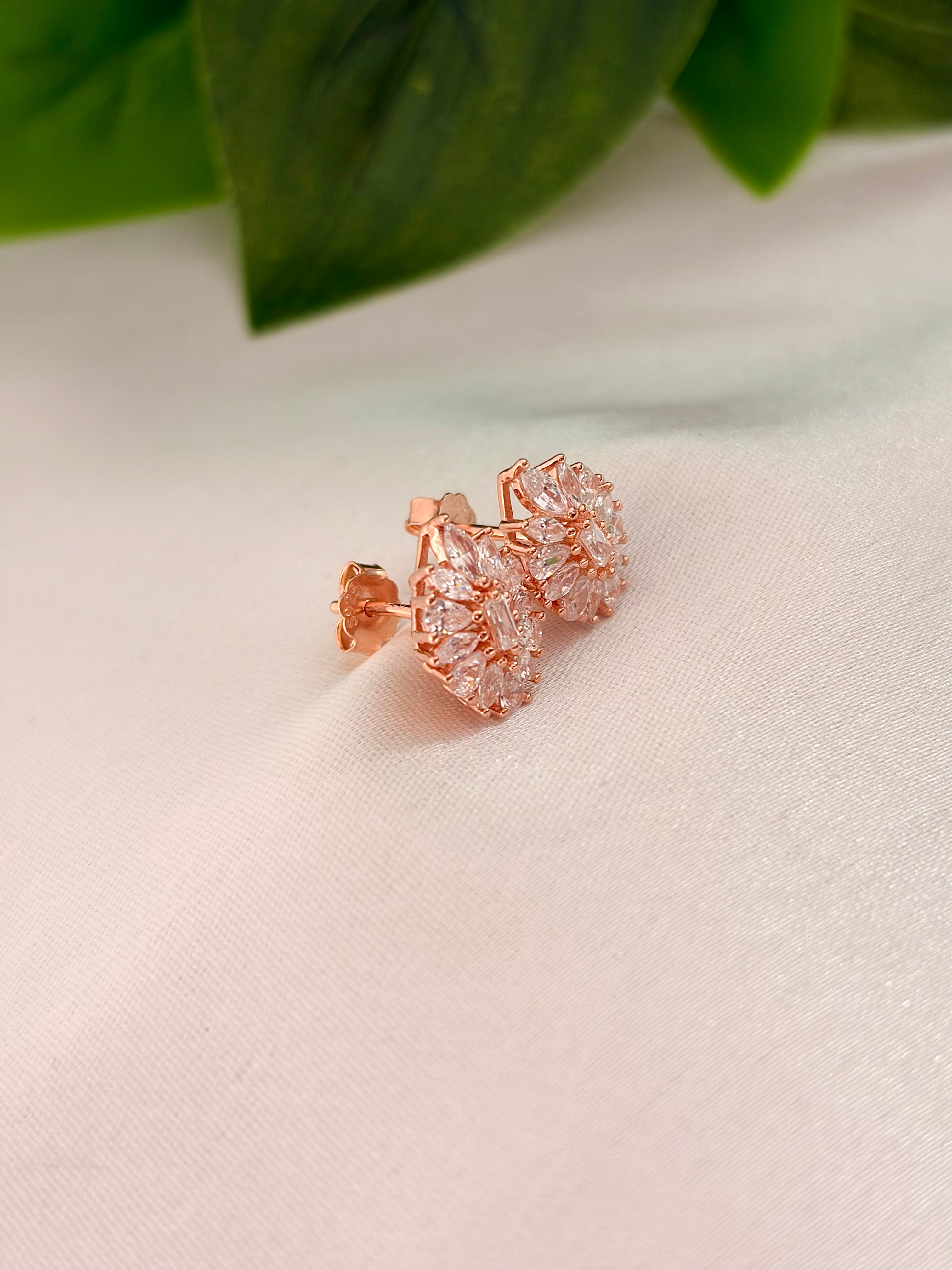 Classic Crystal Floral Cluster Stud Earrings in Rose Gold Tone