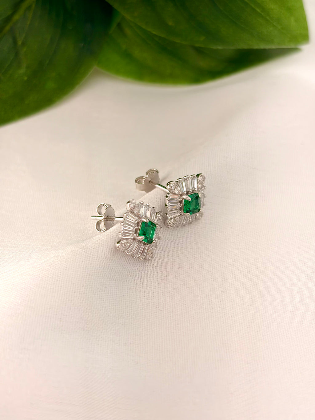 Emerald Green Square Crystal Halo Stud Earrings in Silver Tone