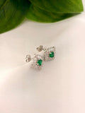 Emerald Green Square Crystal Halo Stud Earrings in Silver Tone
