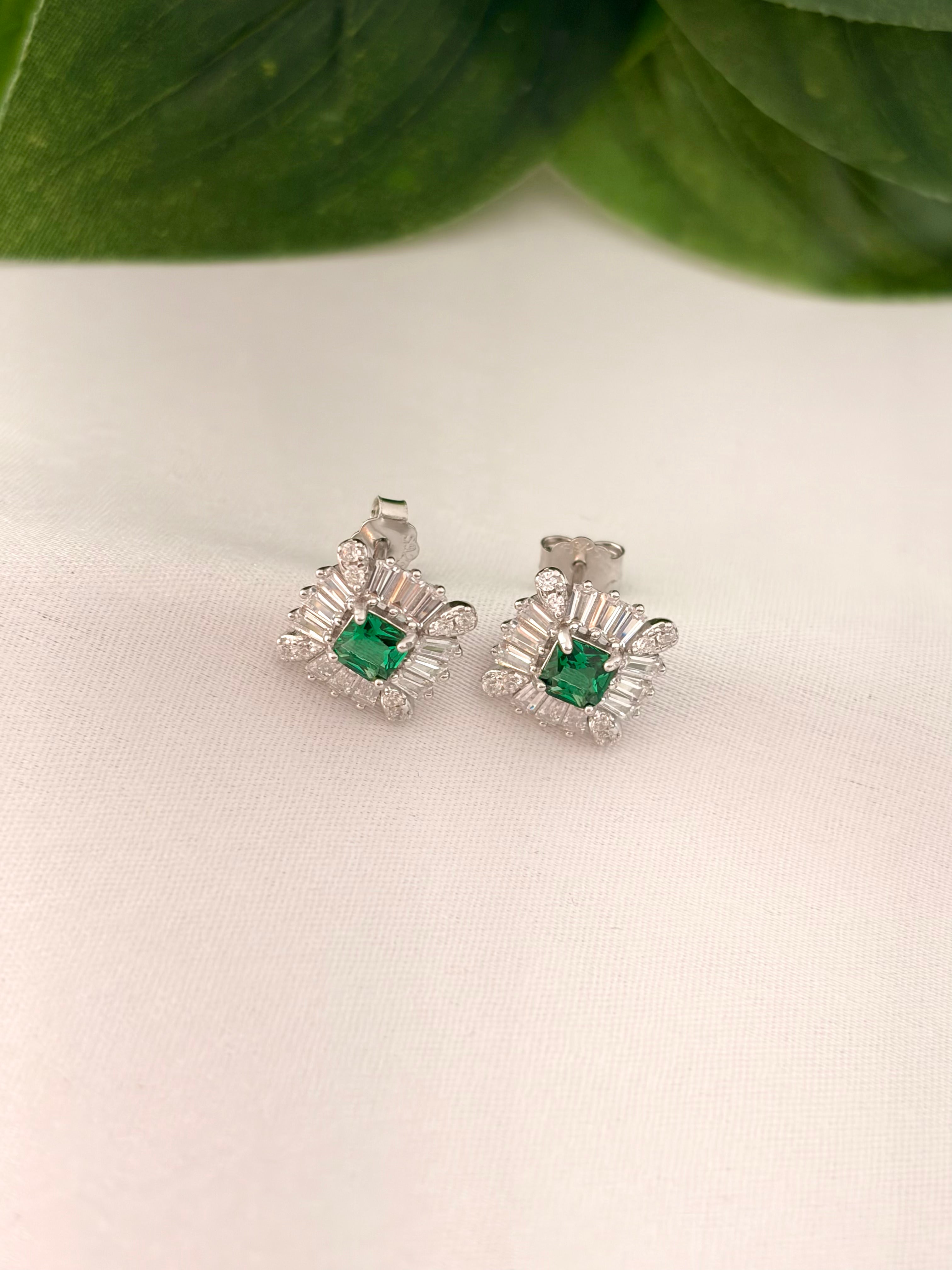 Emerald Green Square Crystal Halo Stud Earrings in Silver Tone