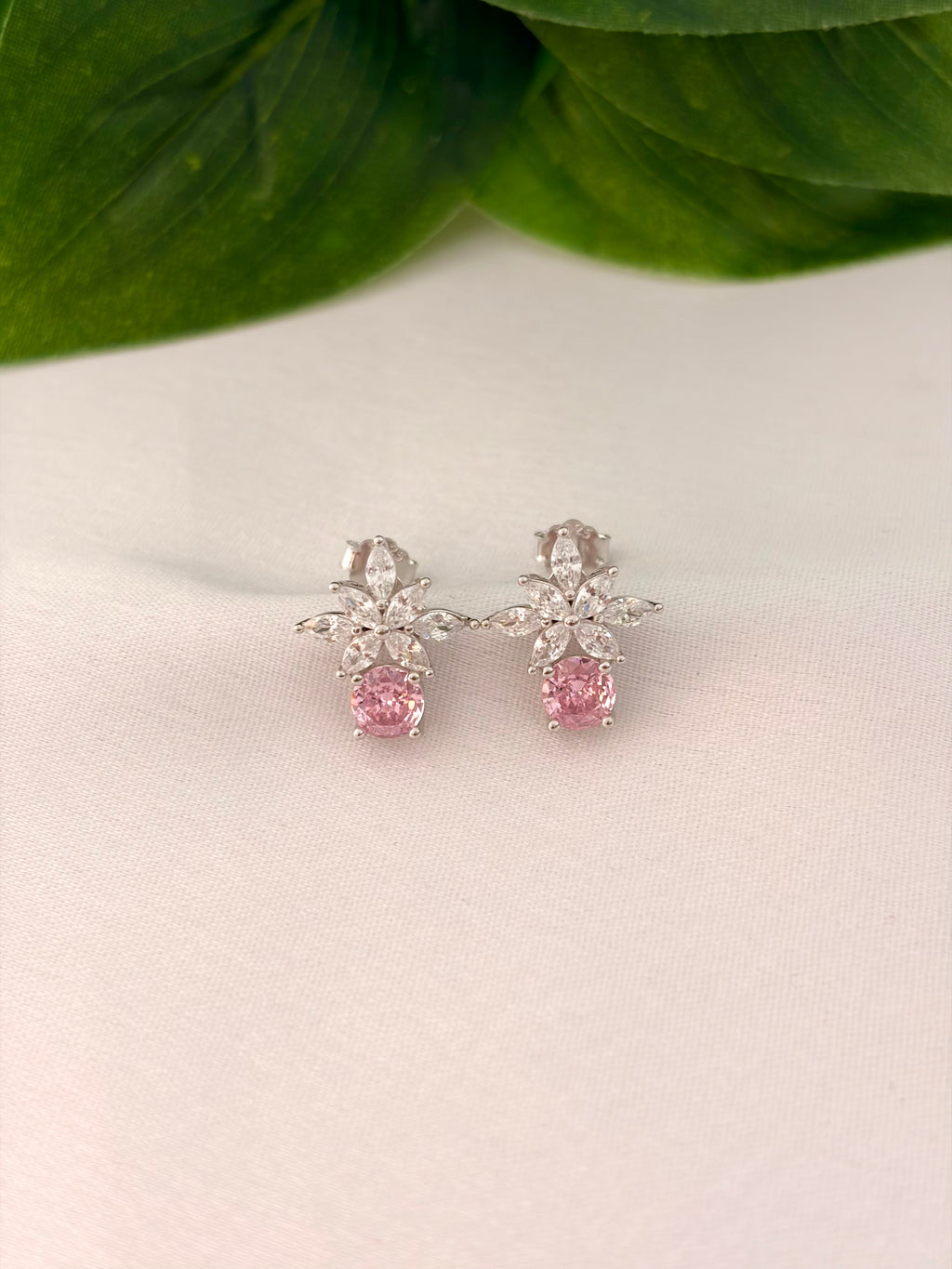 Delicate Pink Drop Floral Stud Earrings in Silver Tone