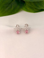Delicate Pink Drop Floral Stud Earrings in Silver Tone