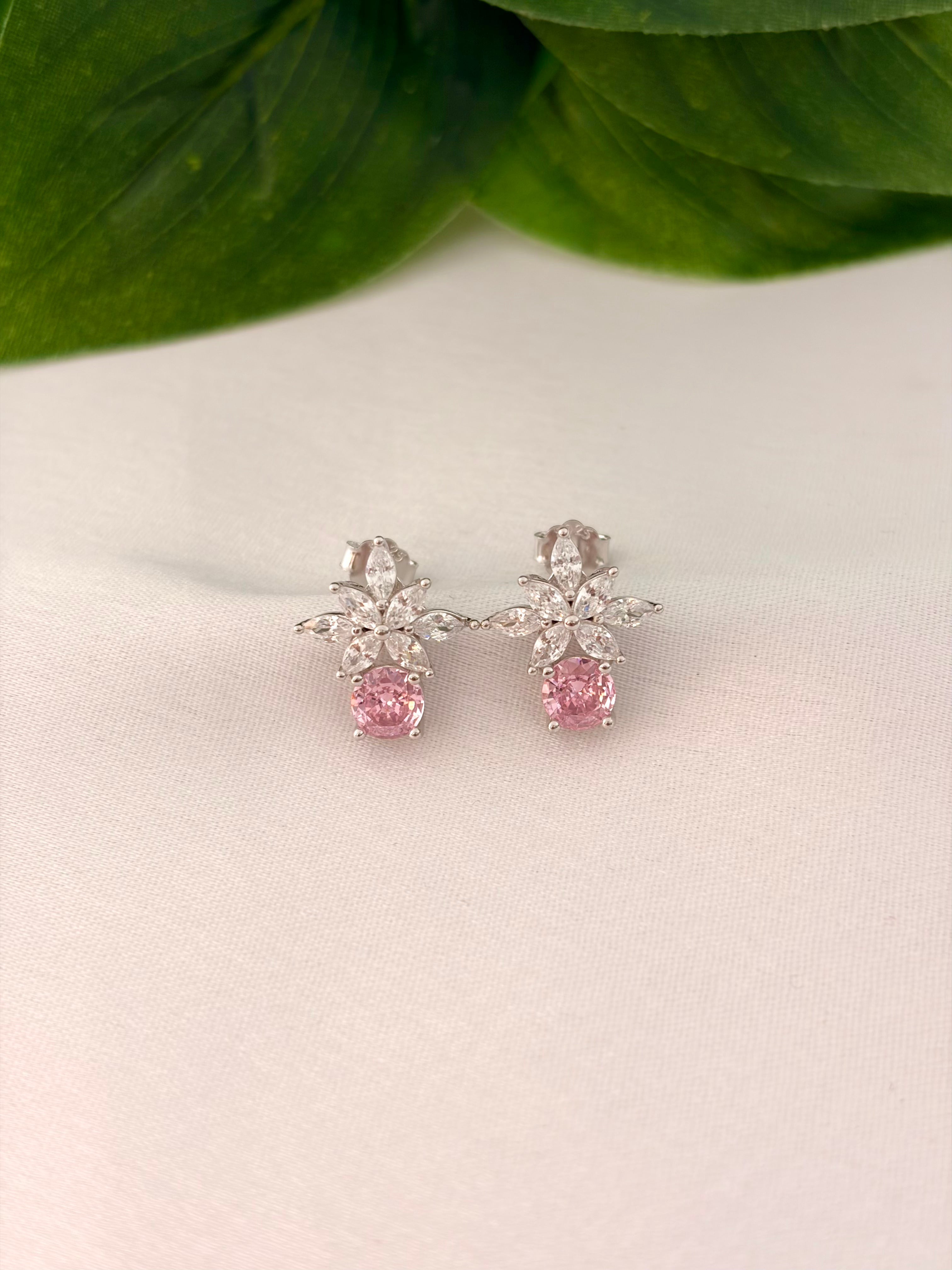 Delicate Pink Drop Floral Stud Earrings in Silver Tone