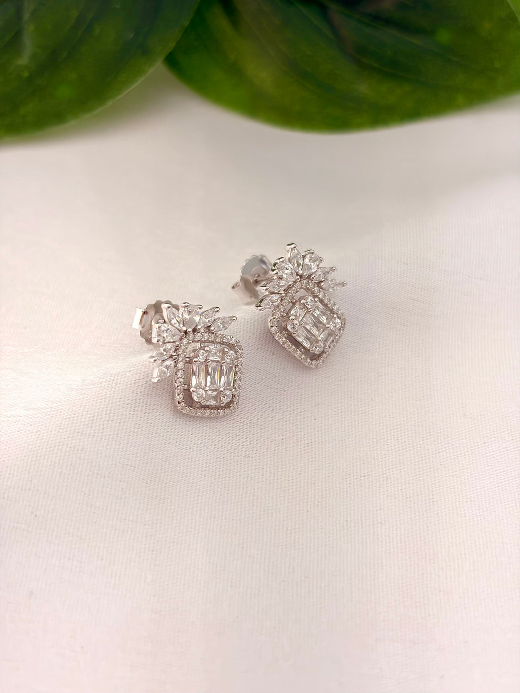 Elegant Crystal Floral & Geometric Drop Earrings in Silver Tone