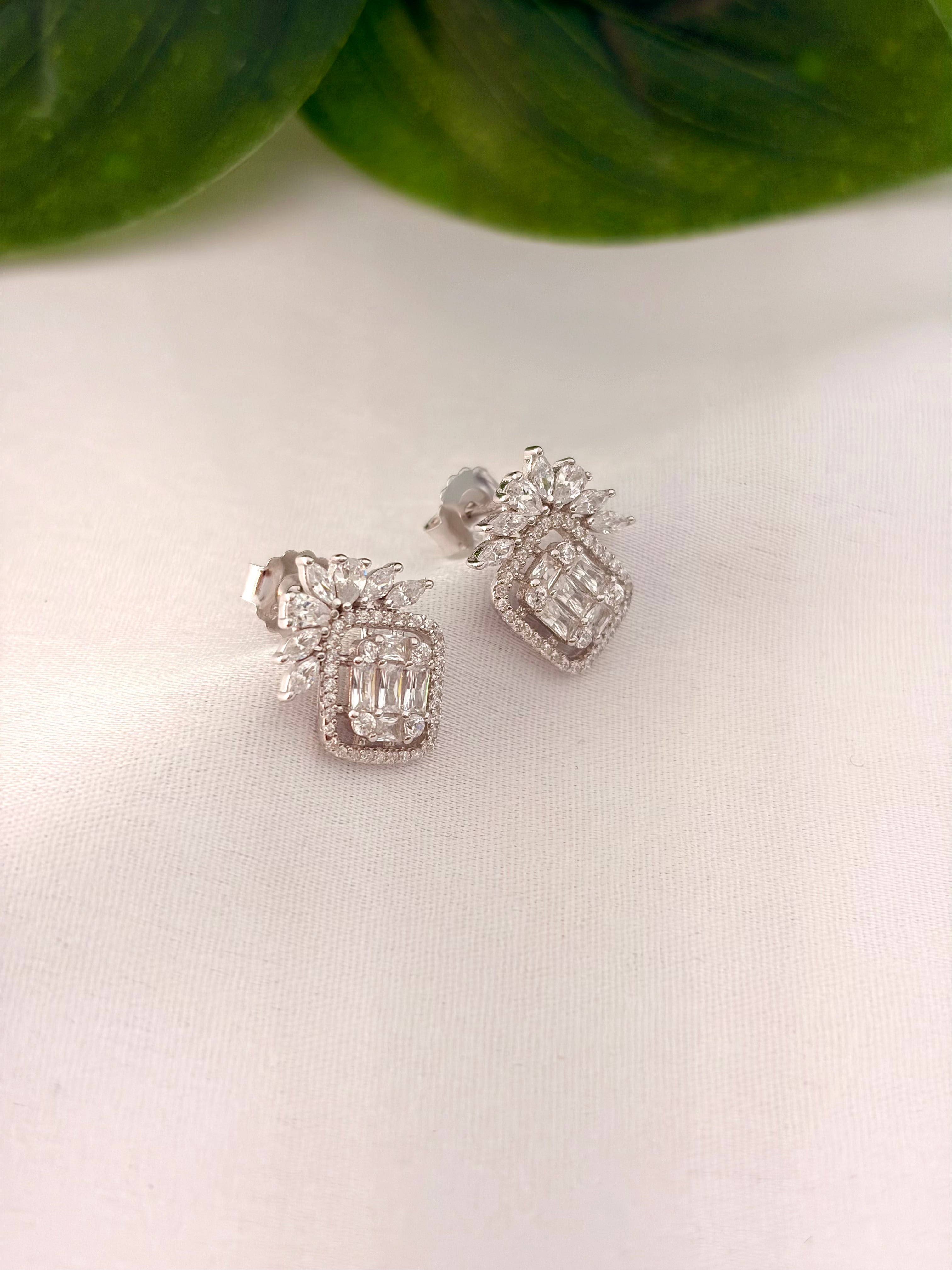 Elegant Crystal Floral & Geometric Drop Earrings in Silver Tone