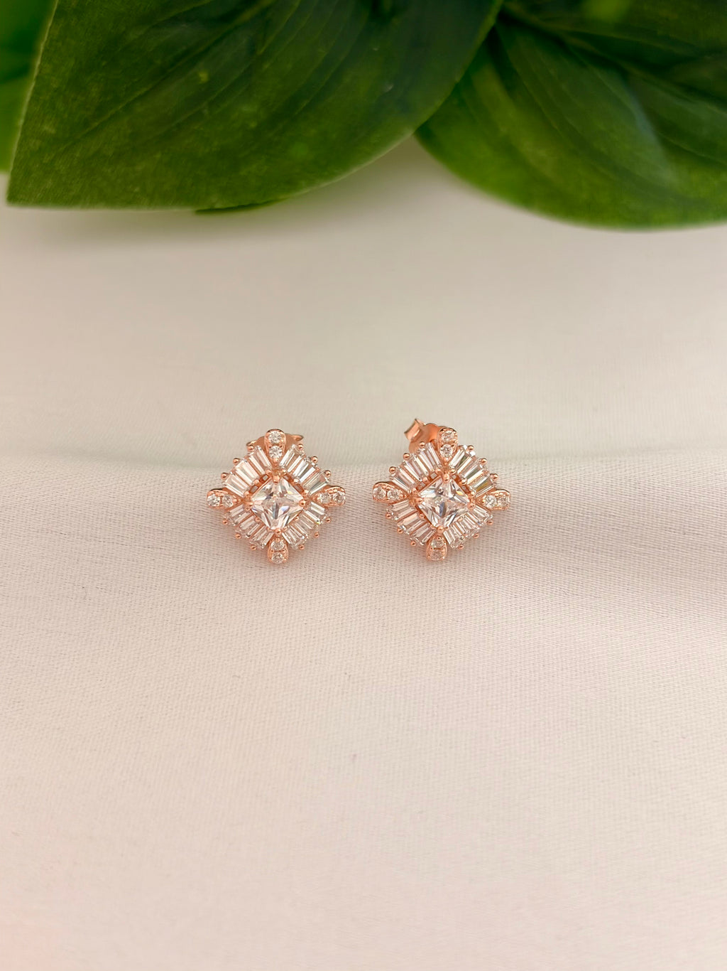 Elegant Geometric Crystal Stud Earrings in Rose Gold Tone