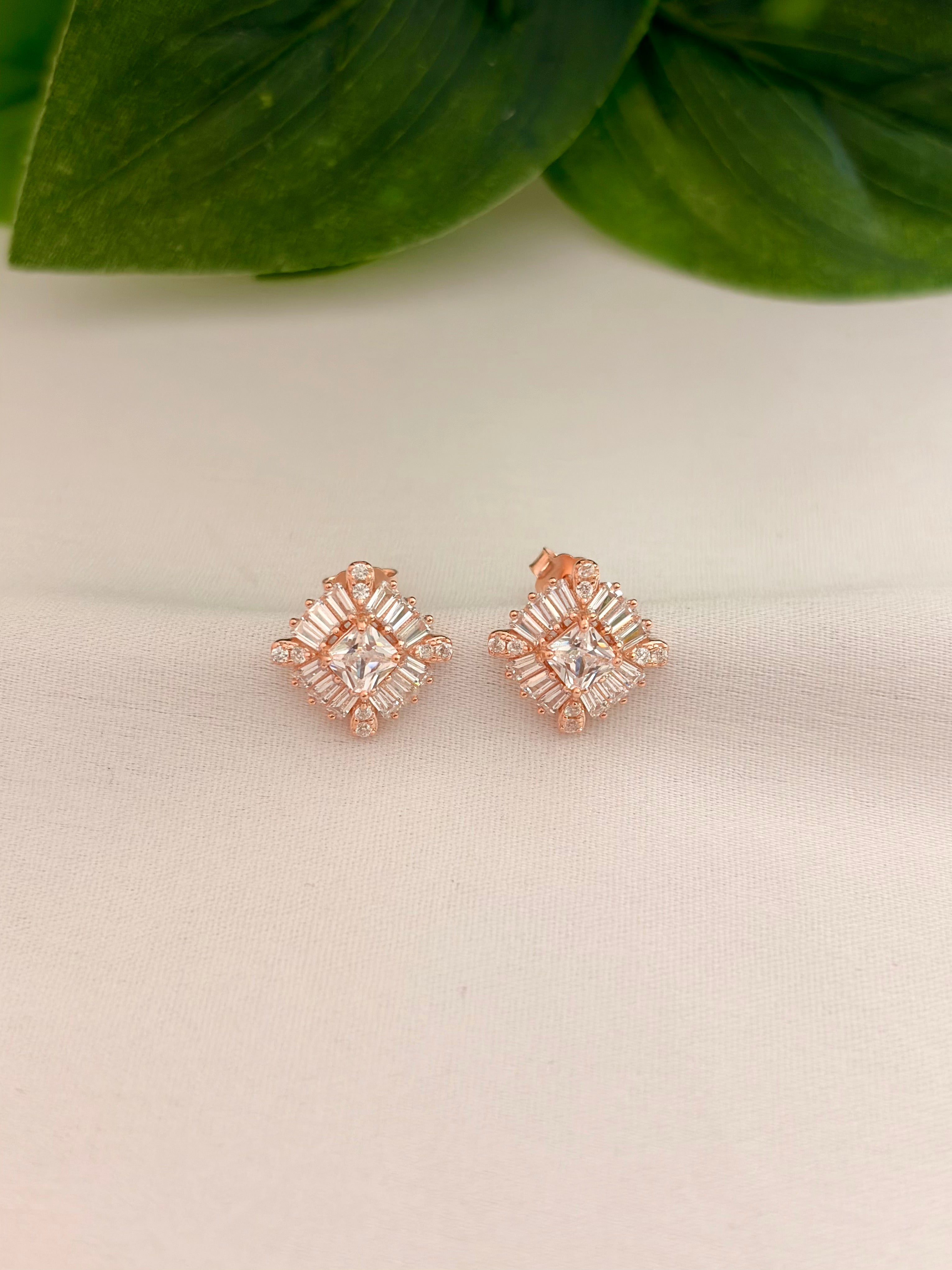 Elegant Geometric Crystal Stud Earrings in Rose Gold Tone