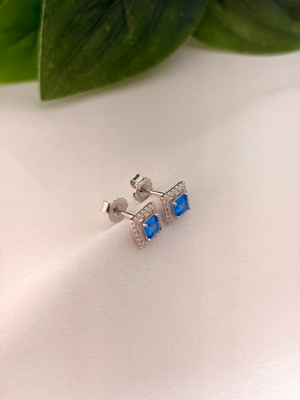 Minimal Blue Square Crystal Stud Earrings with Halo in Silver Tone