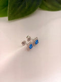 Minimal Blue Square Crystal Stud Earrings with Halo in Silver Tone