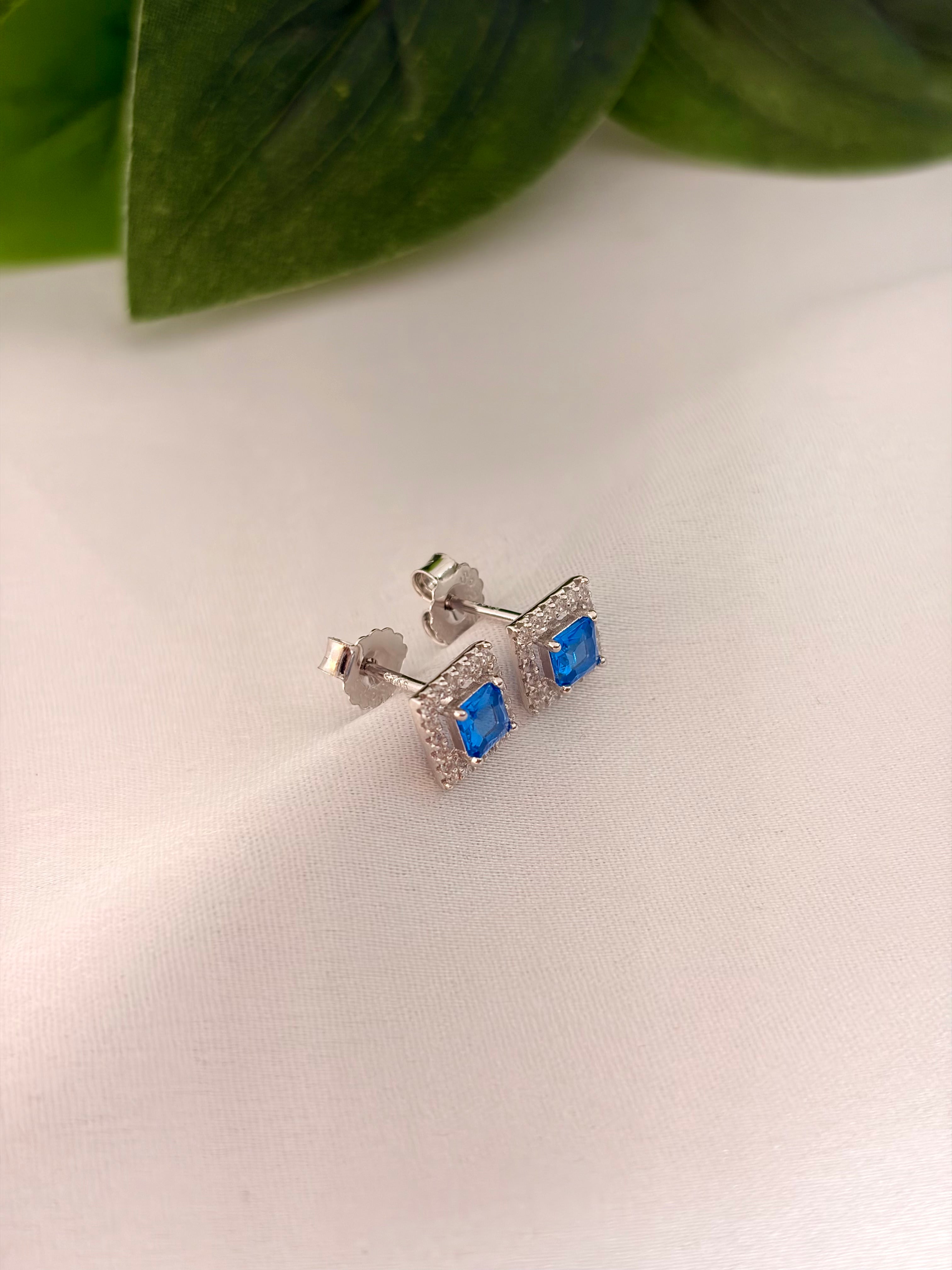 Minimal Blue Square Crystal Stud Earrings with Halo in Silver Tone