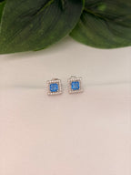 Minimal Blue Square Crystal Stud Earrings with Halo in Silver Tone