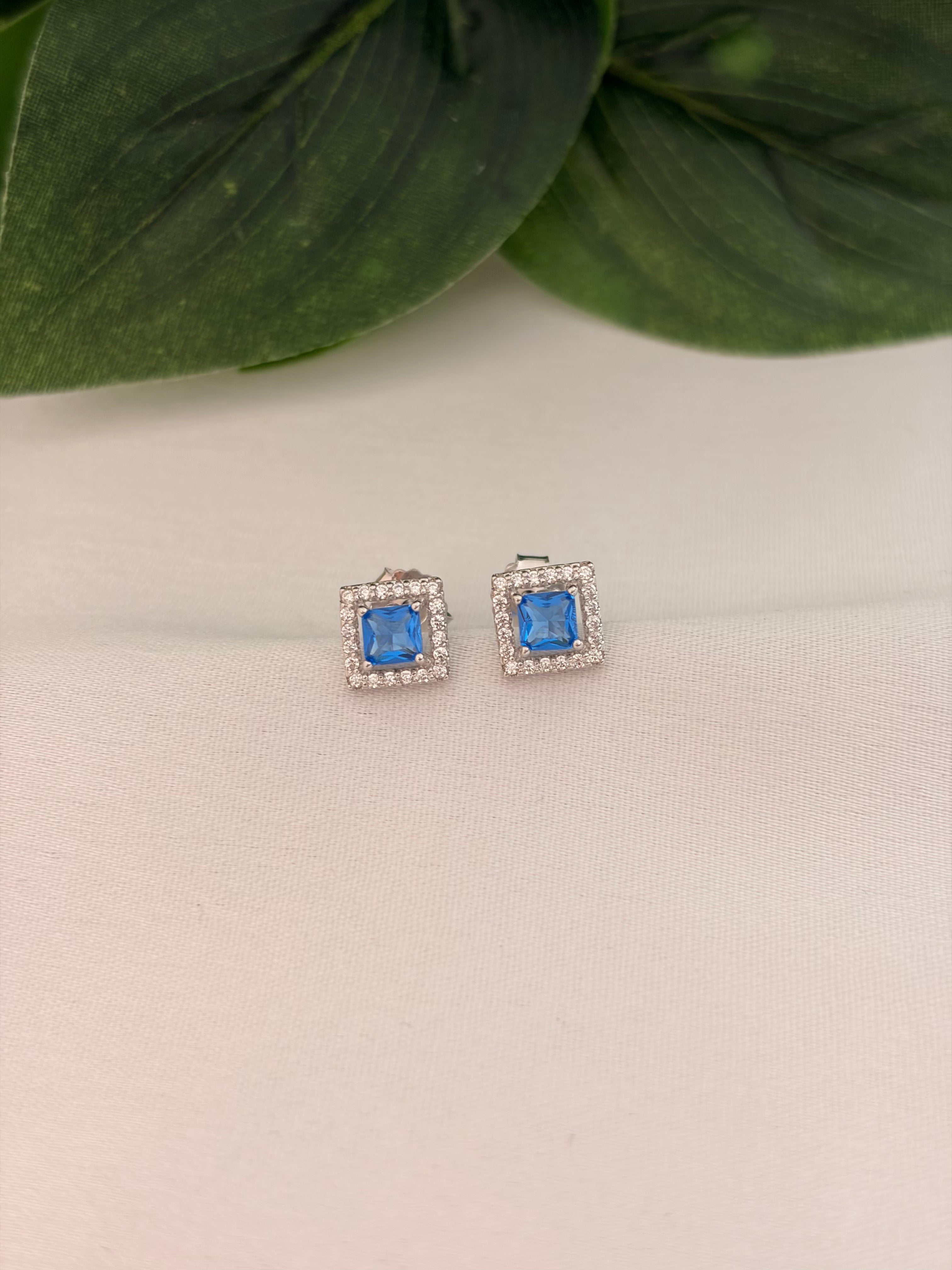 Minimal Blue Square Crystal Stud Earrings with Halo in Silver Tone