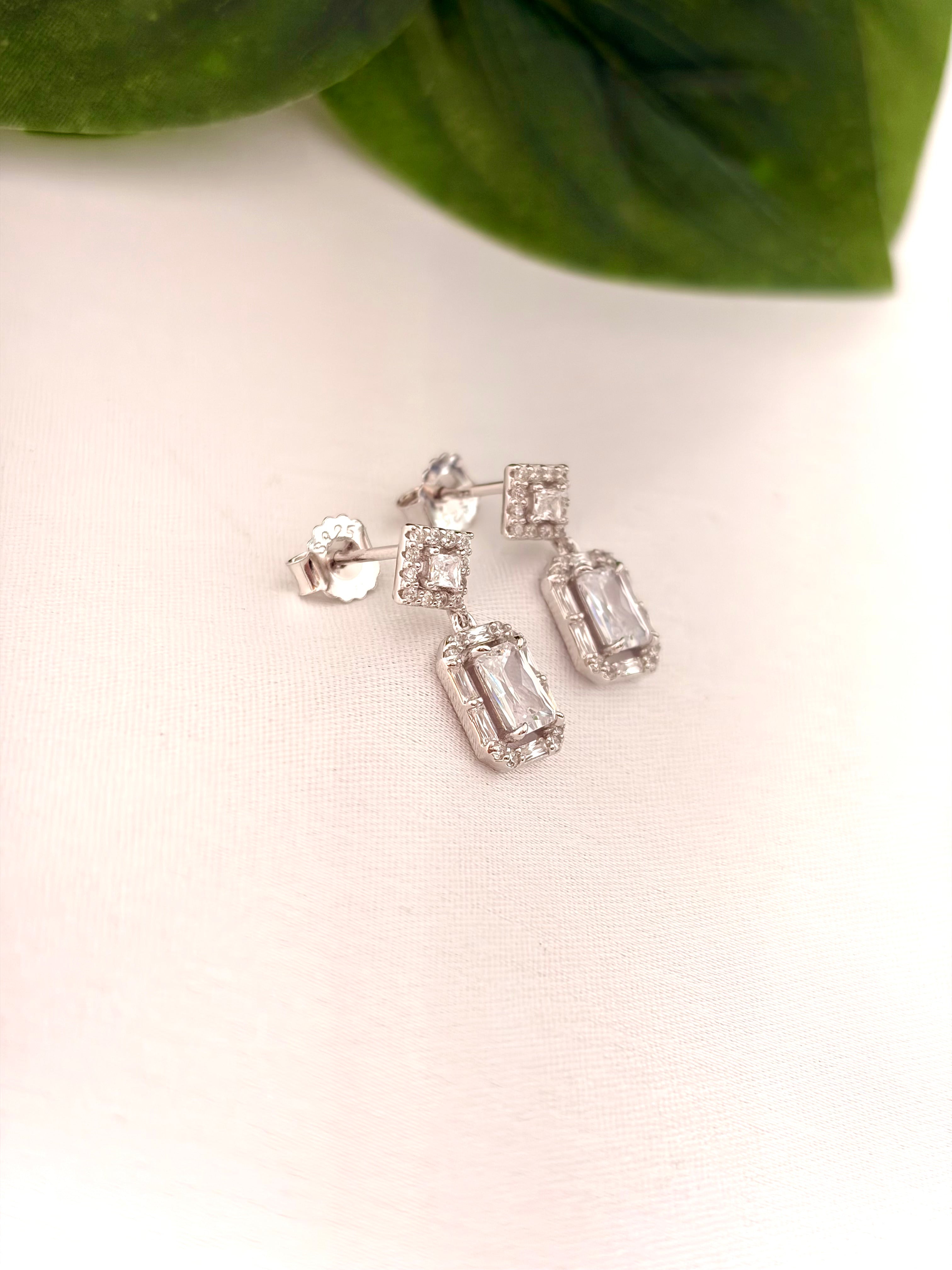Elegant Rectangular Crystal Drop Earrings in Silver Tone