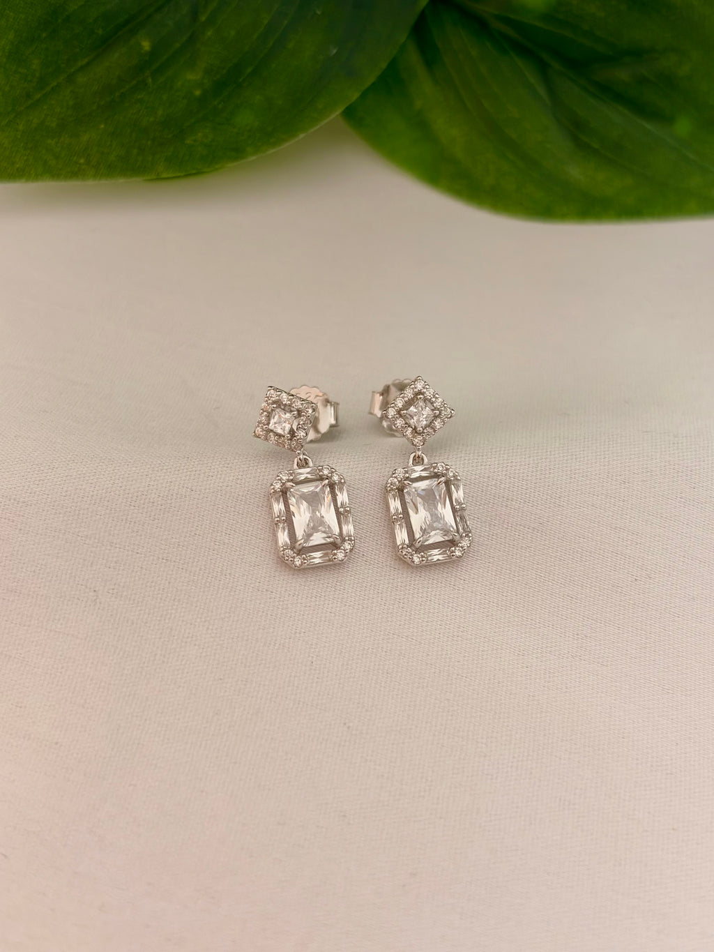 Elegant Rectangular Crystal Drop Earrings in Silver Tone