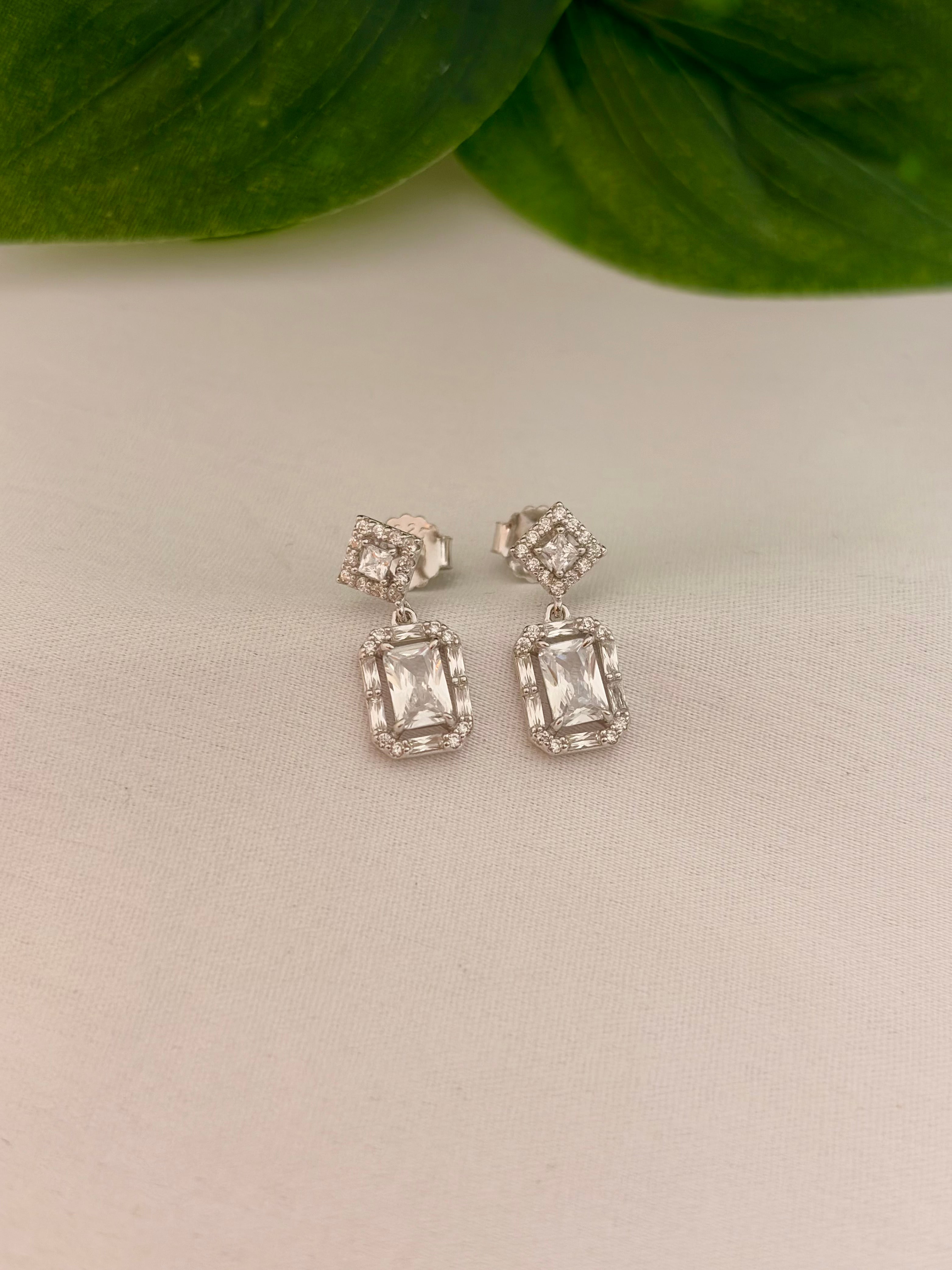 Elegant Rectangular Crystal Drop Earrings in Silver Tone
