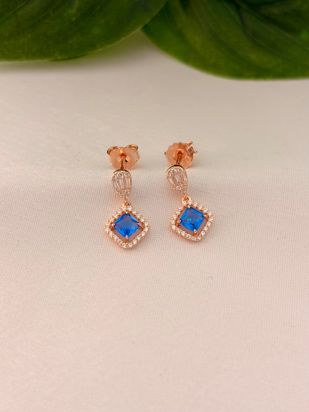 Elegant Blue Cushion-Cut Drop Earrings in Rose Gold Tone