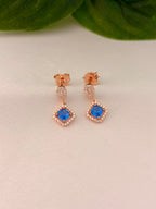 Elegant Blue Cushion-Cut Drop Earrings in Rose Gold Tone