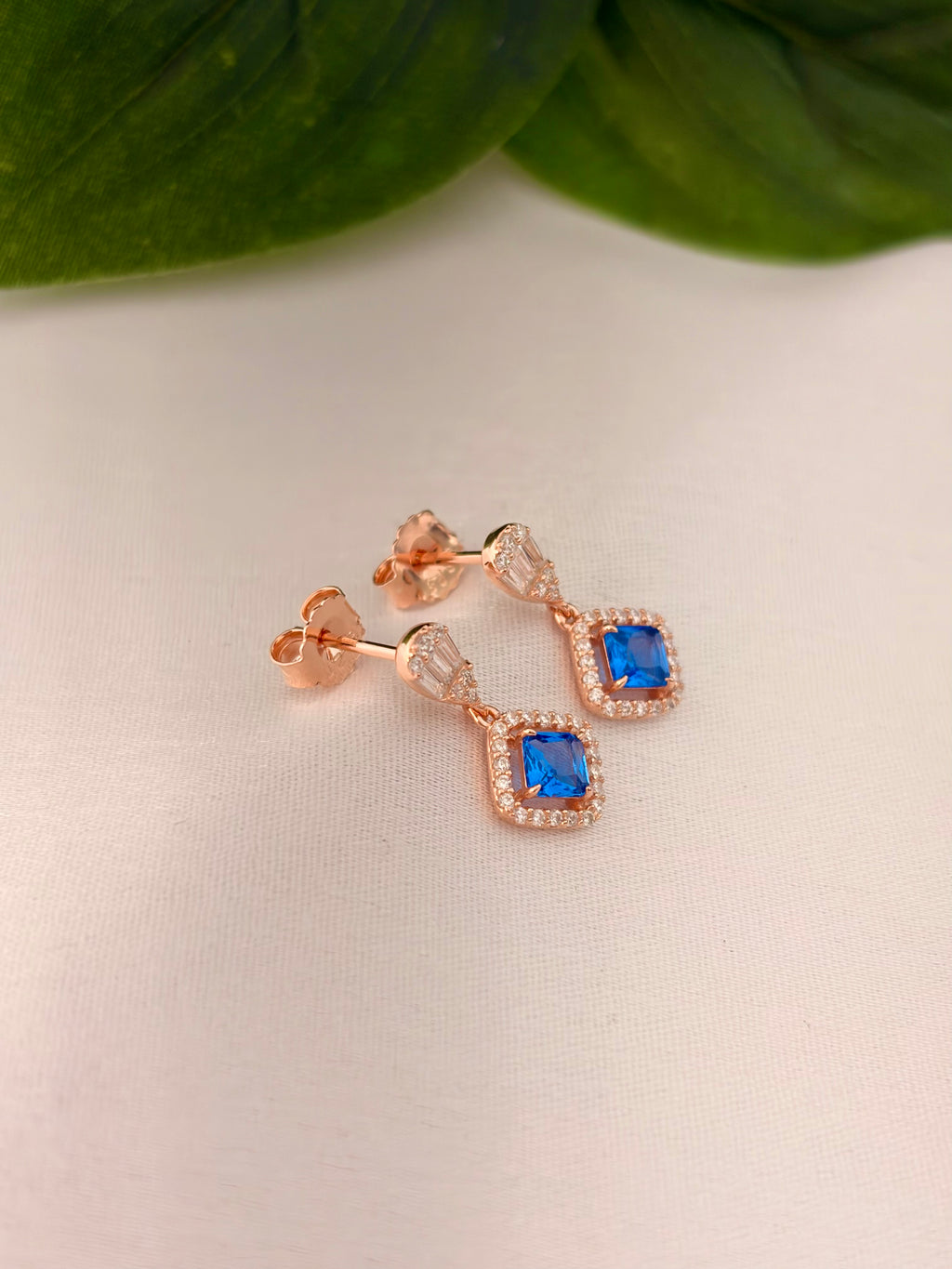 Elegant Blue Cushion-Cut Drop Earrings in Rose Gold Tone
