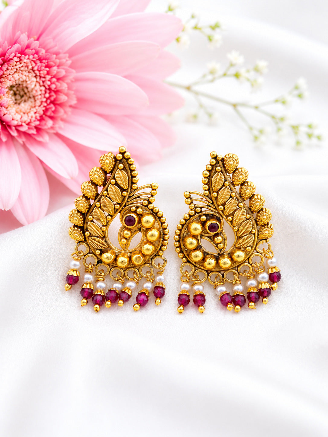 Traditional Antique Gold Peacock Earrings with Ruby Beads