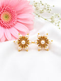 Antique Gold Floral Pearl Stud Earrings