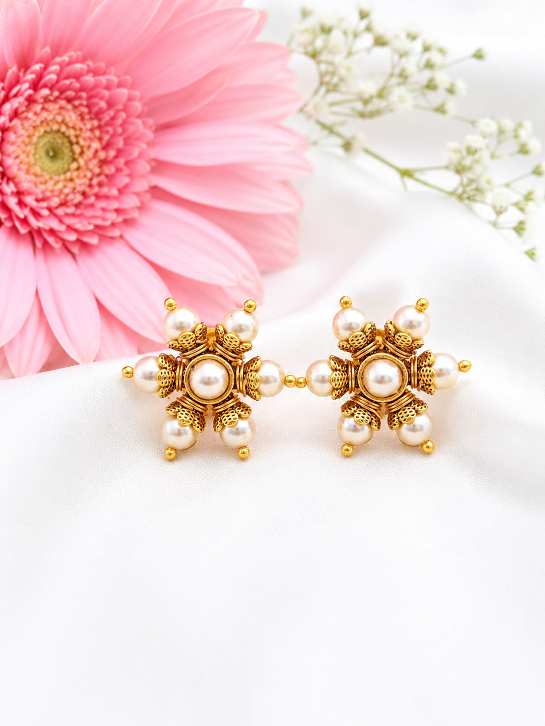 Antique Gold Floral Pearl Stud Earrings