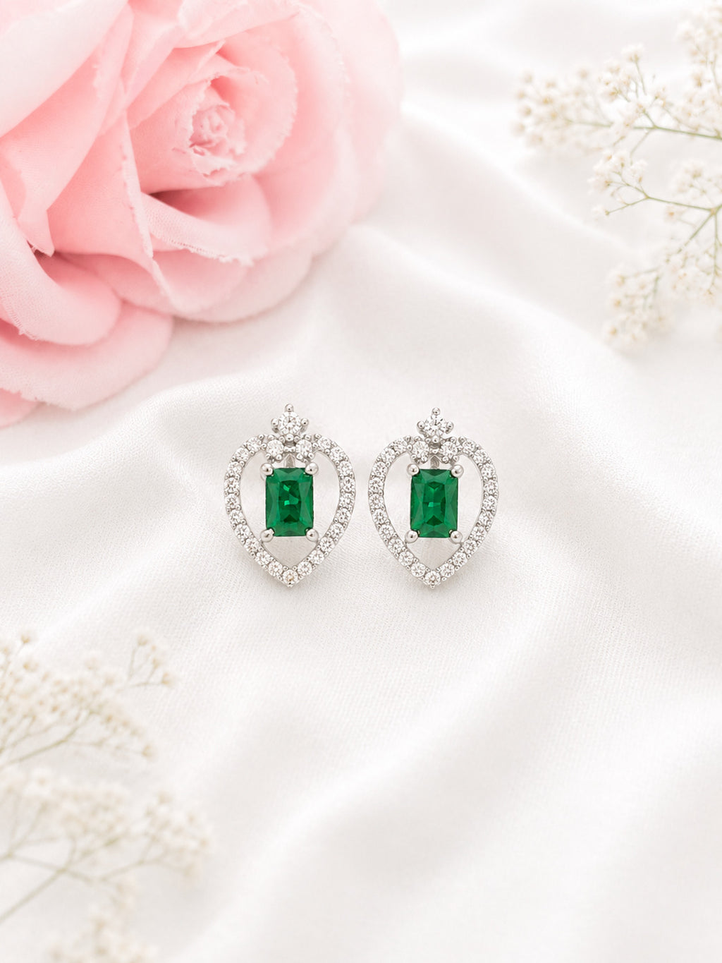 Elegant 92.5 Sterling Silver Emerald Heart Halo Stud Earrings