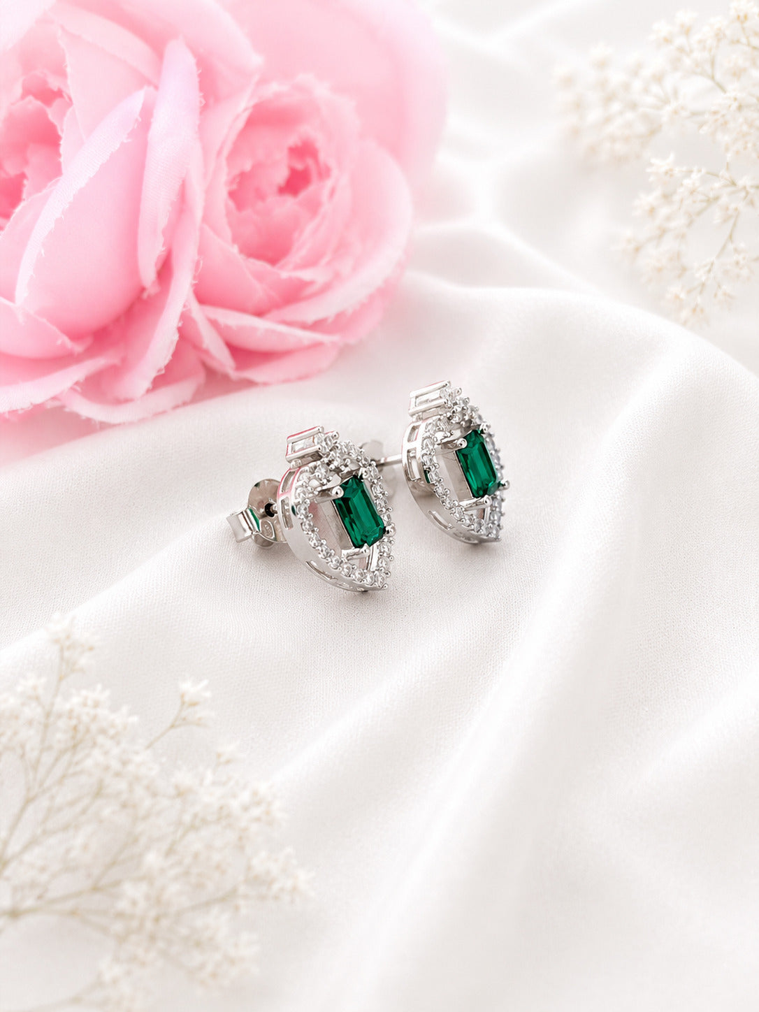 Elegant 92.5 Sterling Silver Emerald Heart Halo Stud Earrings