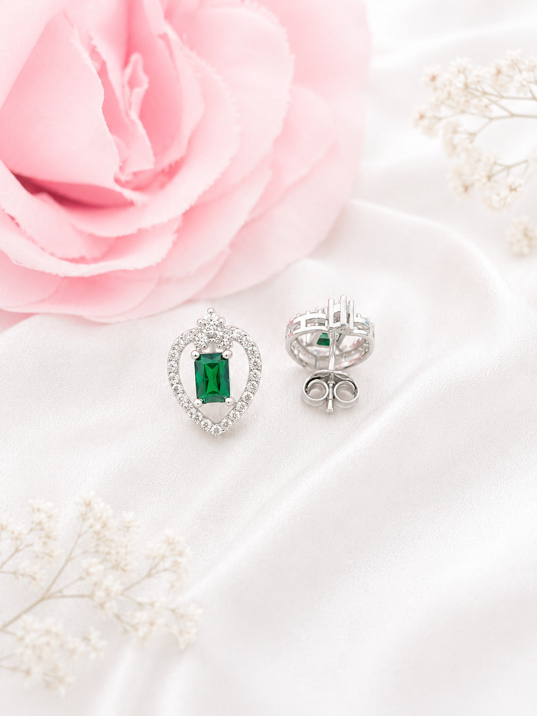 Elegant 92.5 Sterling Silver Emerald Heart Halo Stud Earrings
