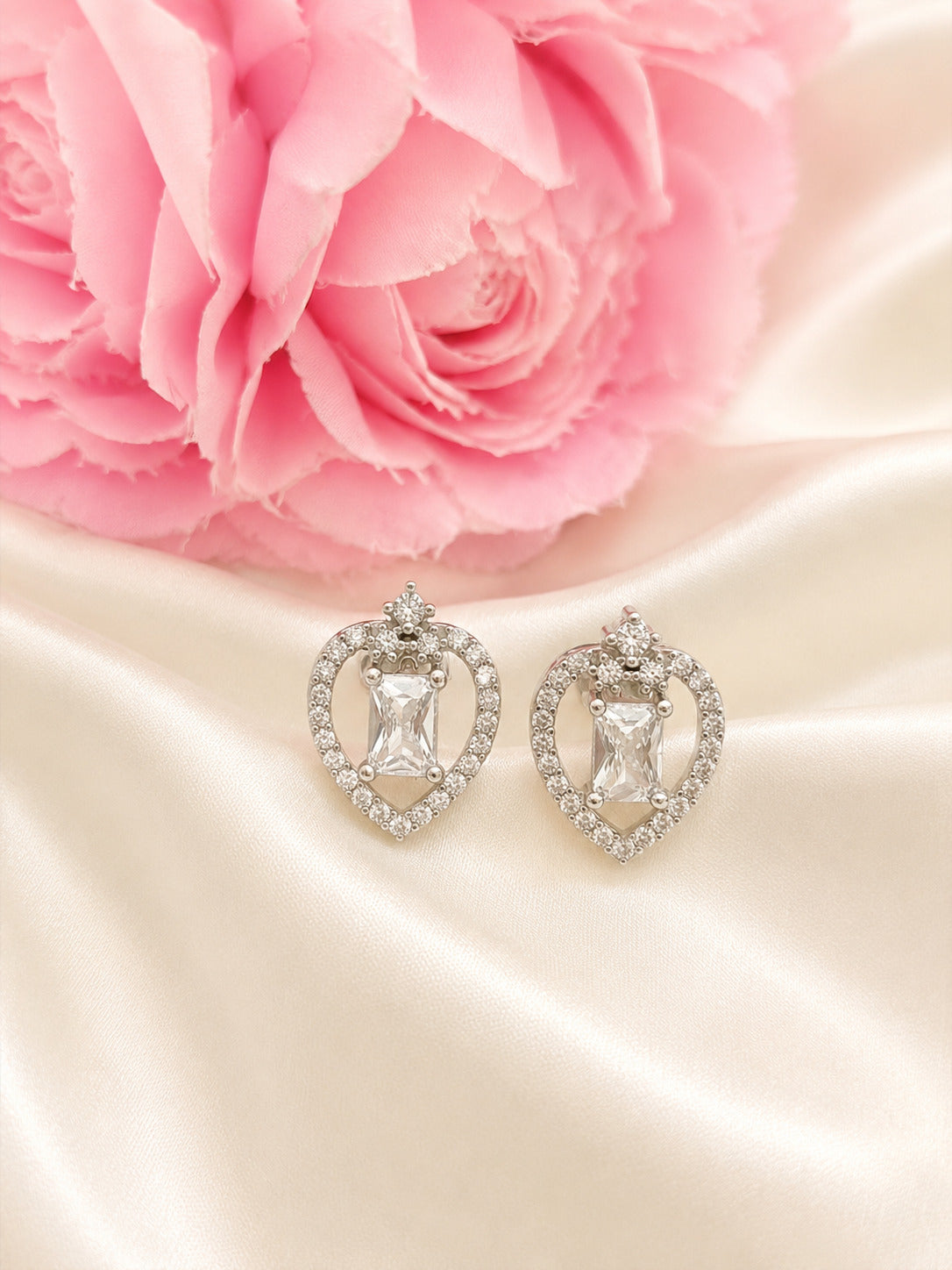 Elegant 92.5 Sterling Silver Heart Halo Stud Earrings