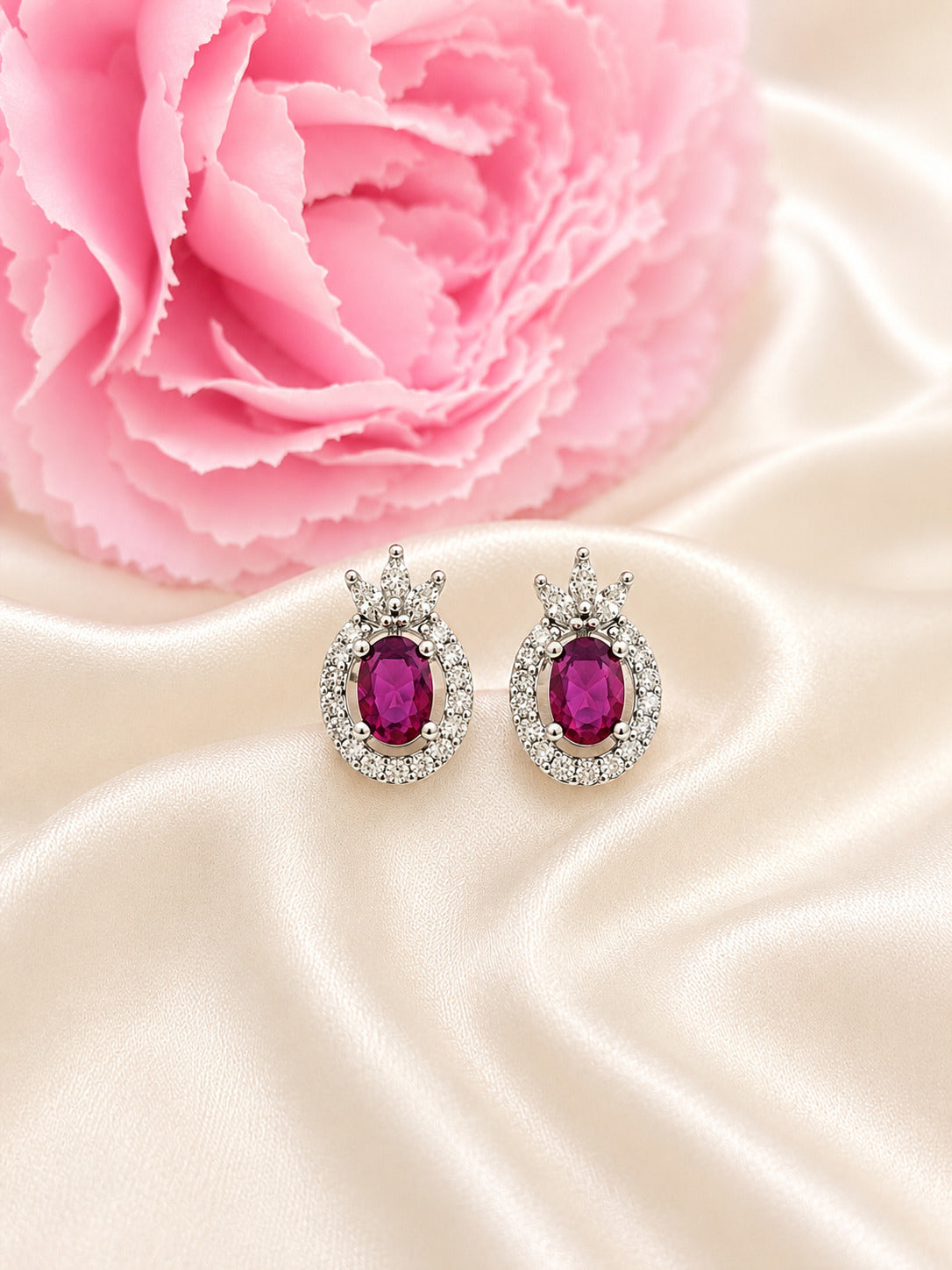 Elegant 92.5 Sterling Silver Ruby Red Halo Stud Earrings