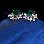92.5 Sterling Silver Emerald Green Stone Floral Stud Earrings