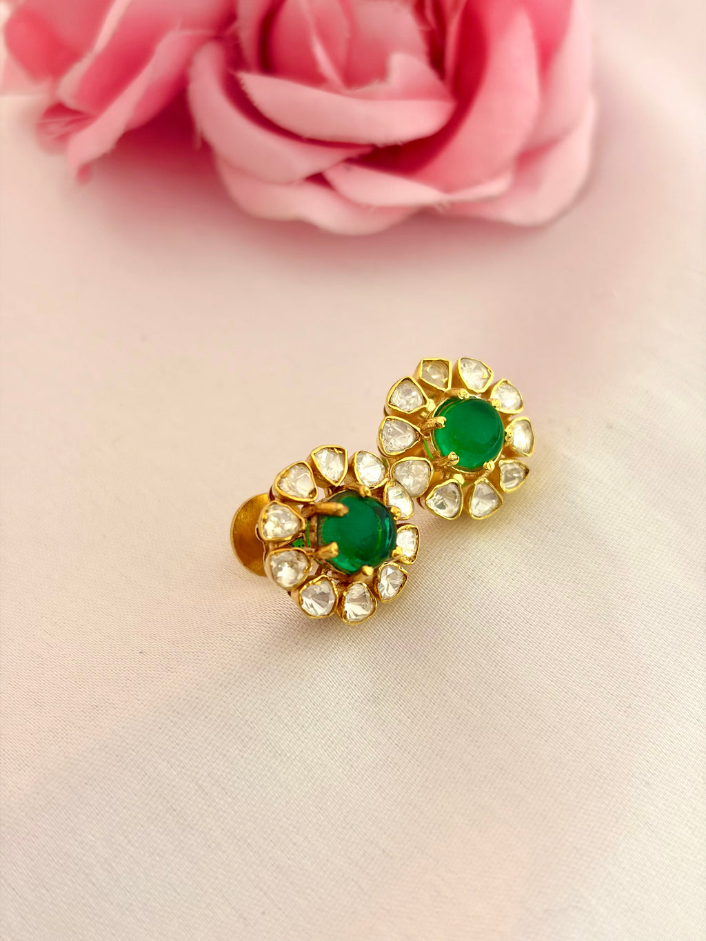 92.5 Silver Emerald Green Floral Stud Earrings