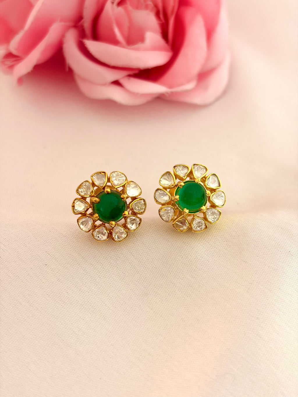 92.5 Silver Emerald Green Floral Stud Earrings
