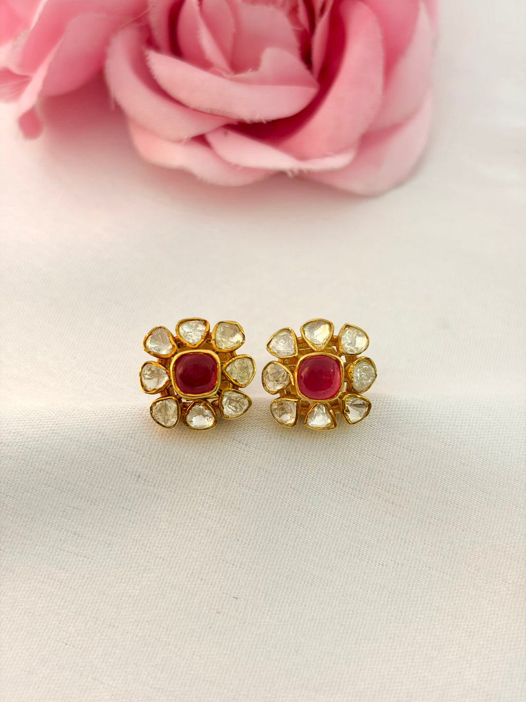 92.5 Silver Ruby Floral Stud Earrings