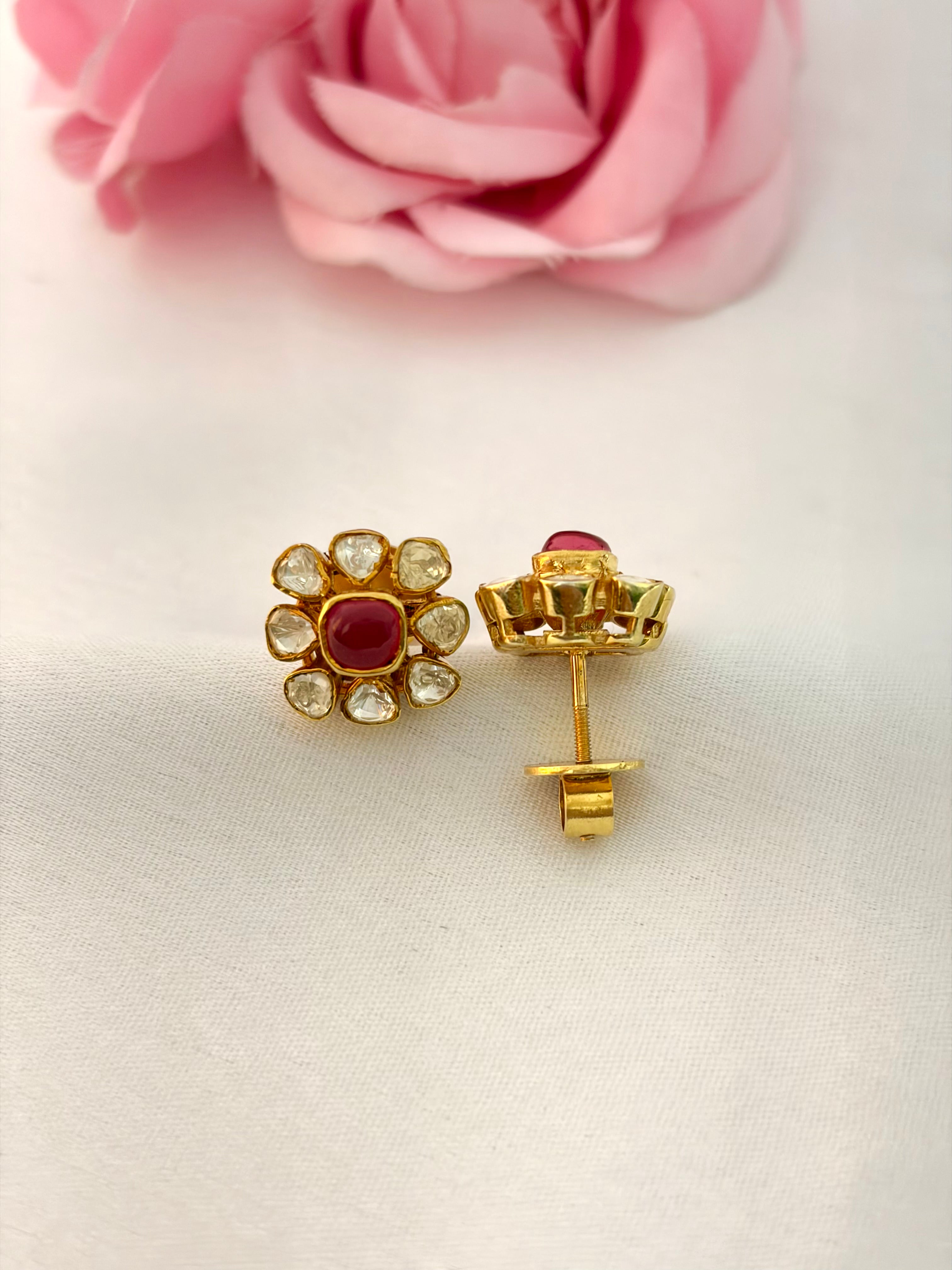 92.5 Silver Ruby Floral Stud Earrings