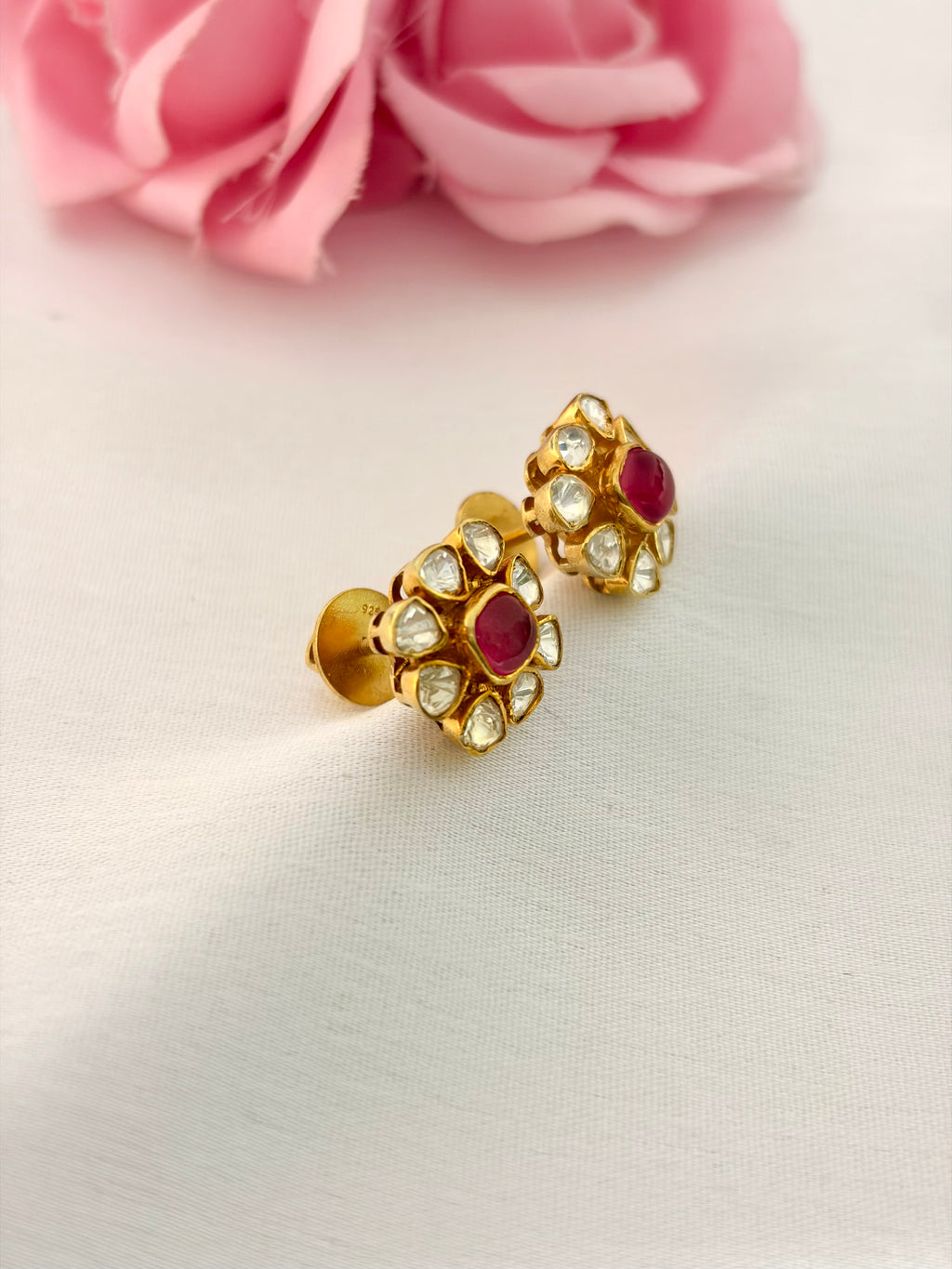 92.5 Silver Ruby Floral Stud Earrings