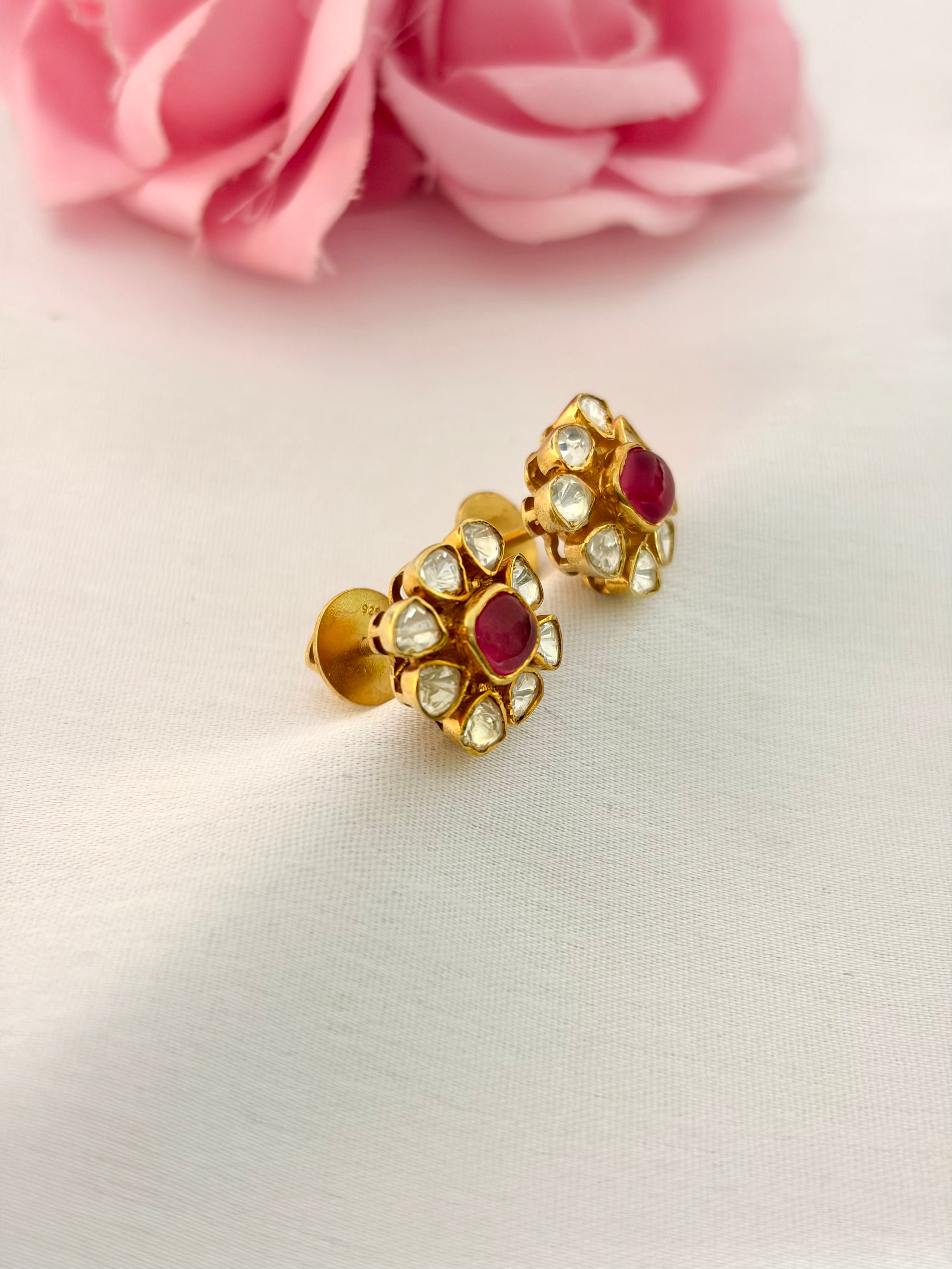 92.5 Silver Ruby Floral Stud Earrings