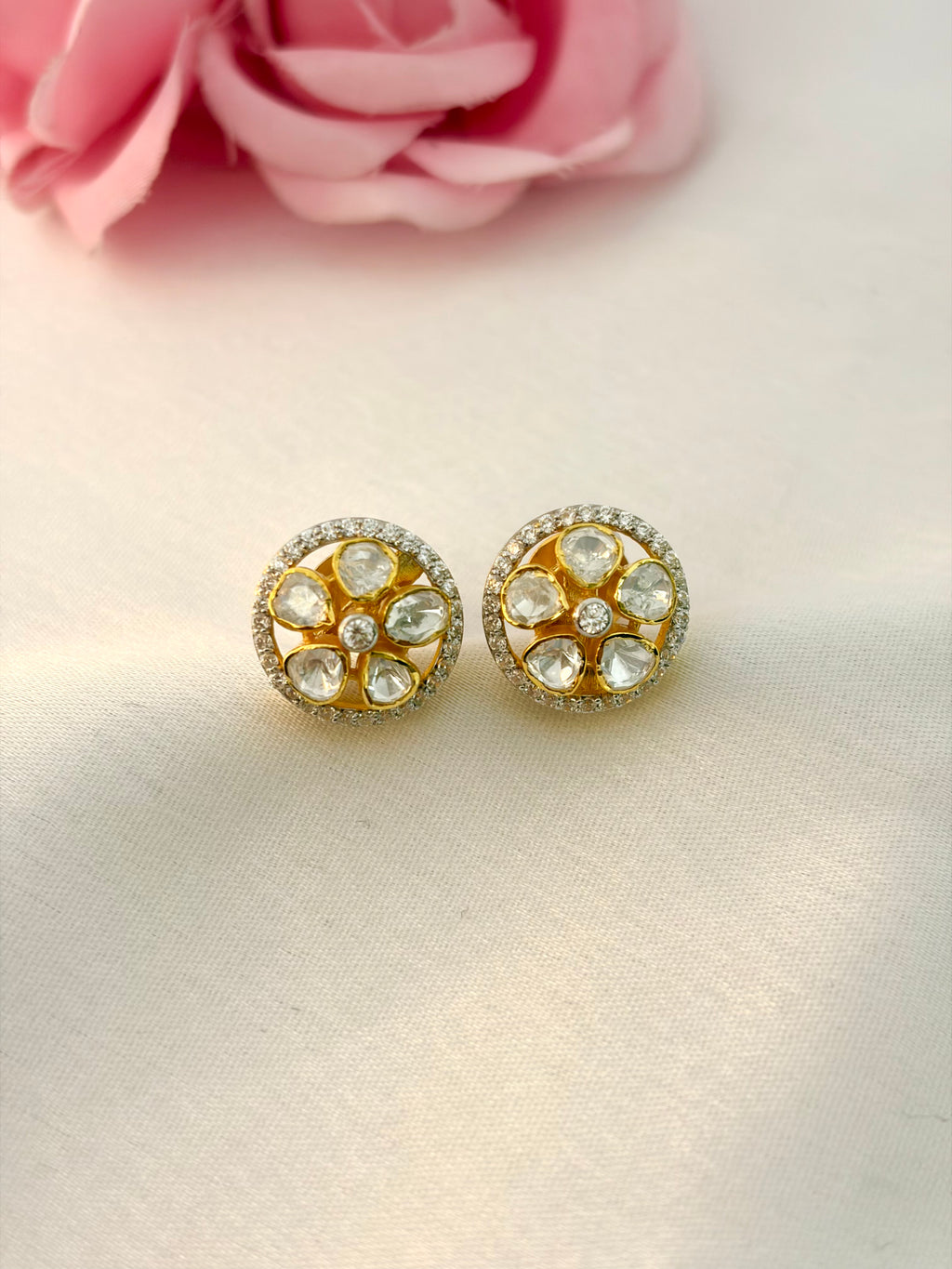 92.5 Silver Kundan Floral Stud Earrings