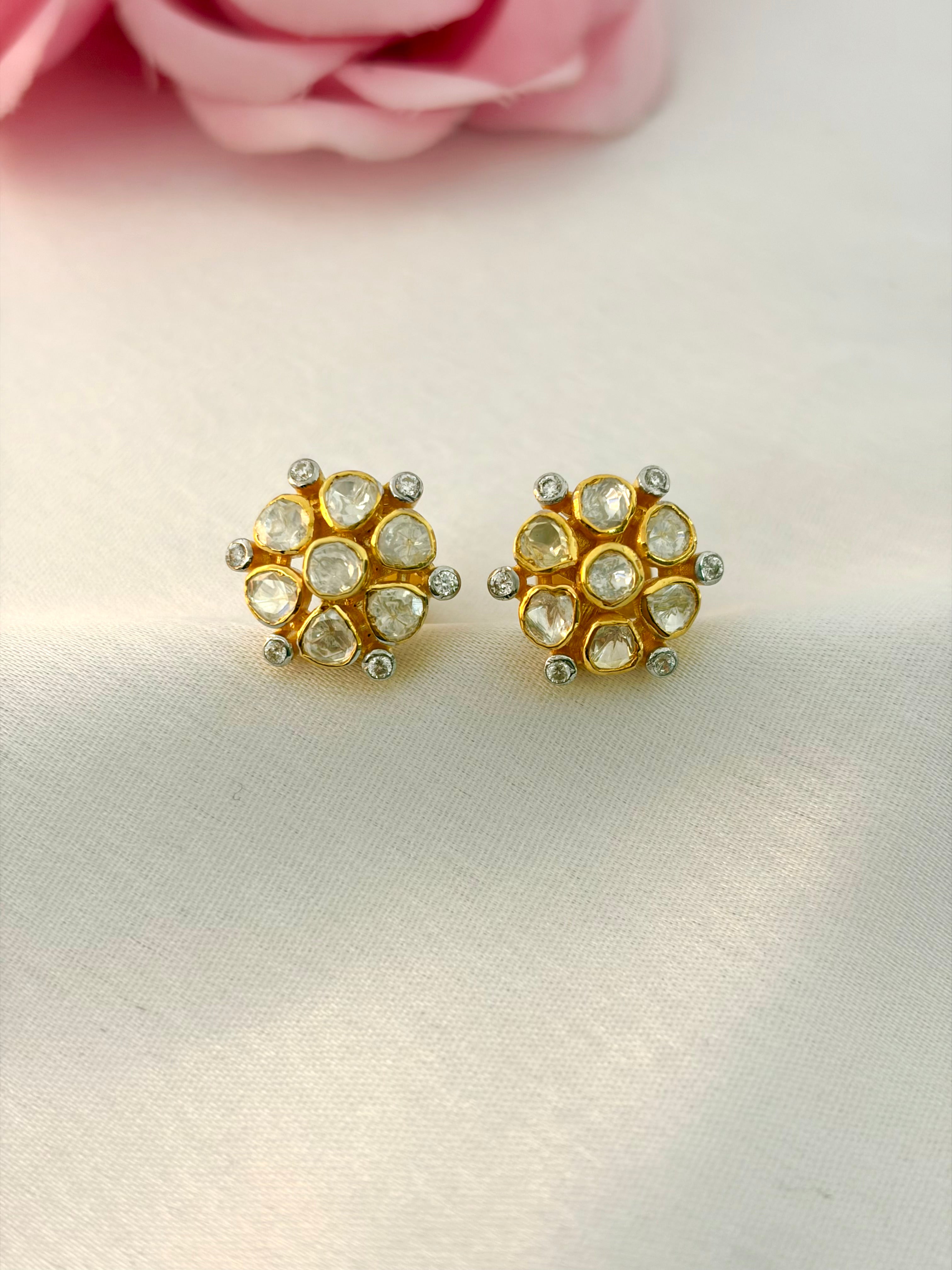 92.5 Silver Floral Kundan Stud Earrings
