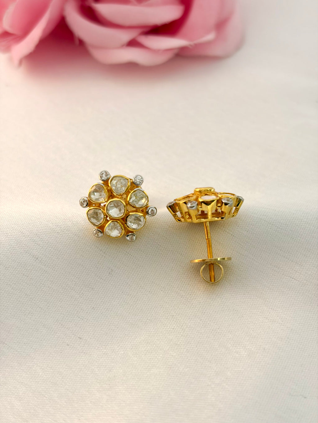 92.5 Silver Floral Kundan Stud Earrings