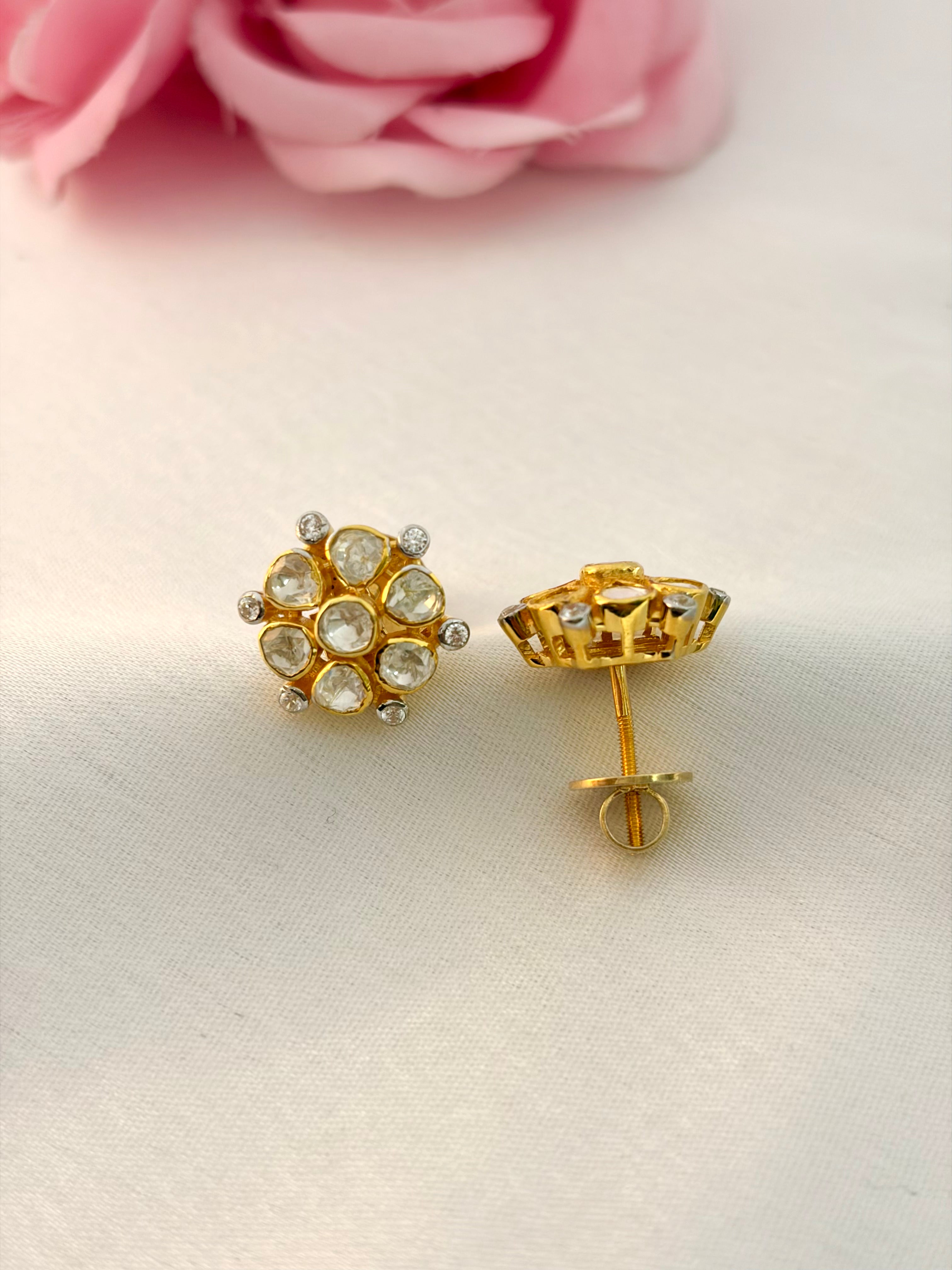 92.5 Silver Floral Kundan Stud Earrings