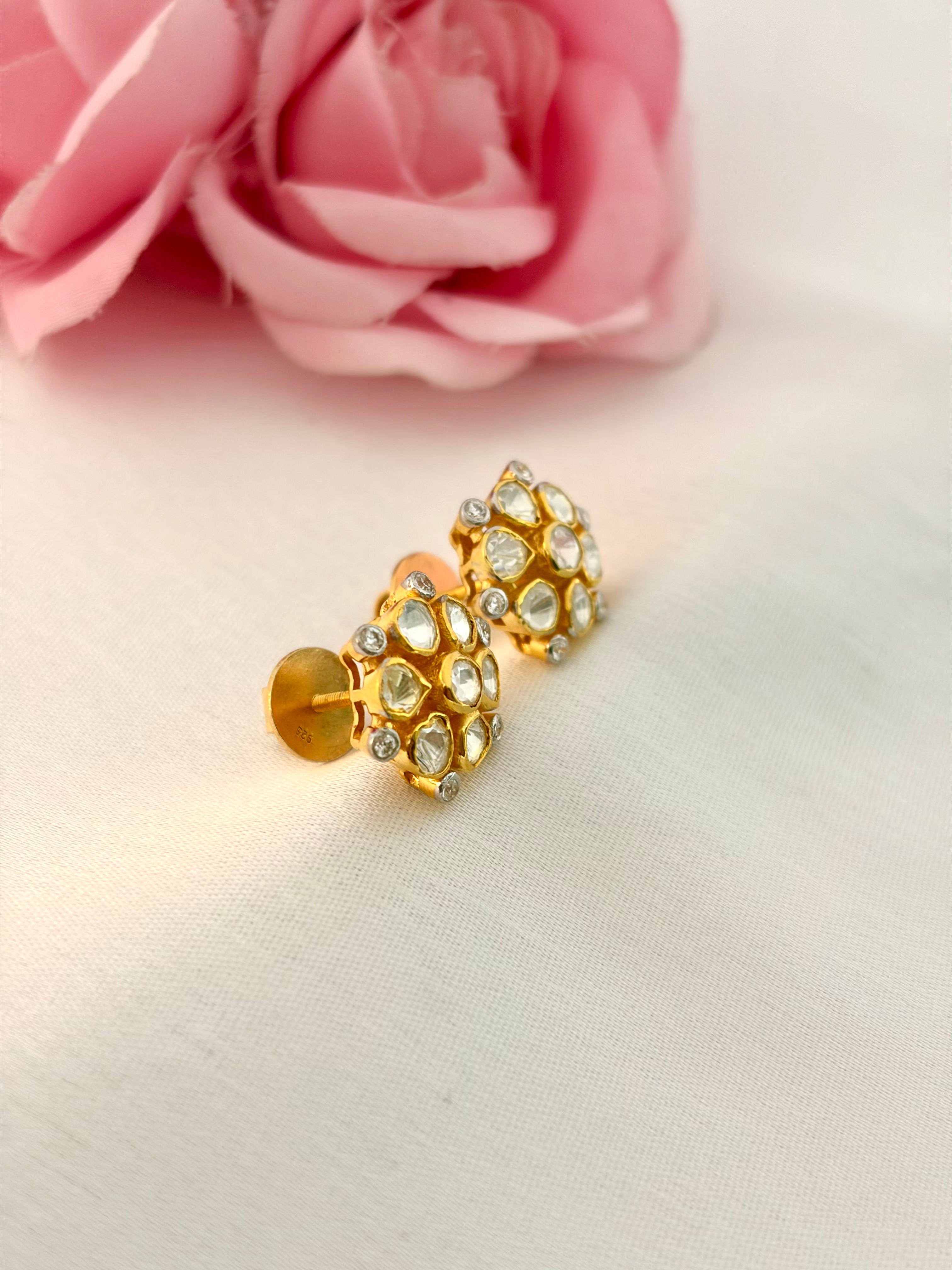 92.5 Silver Floral Kundan Stud Earrings