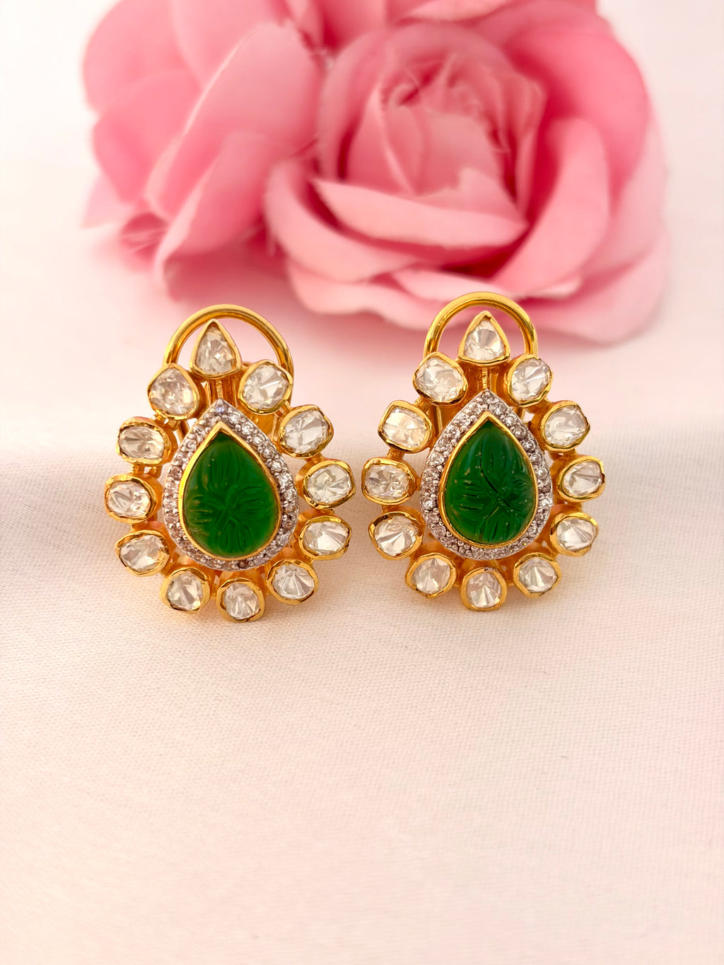 92.5 Silver Green Kundan Teardrop Stud Earrings