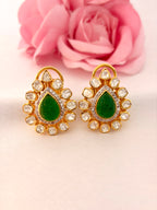 92.5 Silver Green Kundan Teardrop Stud Earrings
