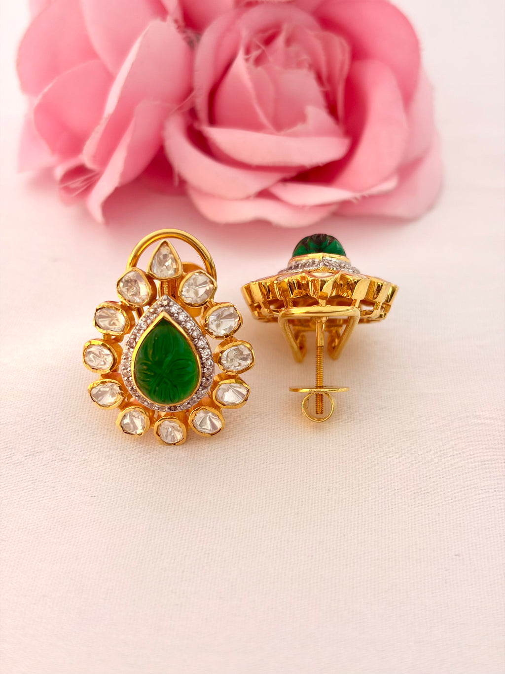 92.5 Silver Green Kundan Teardrop Stud Earrings