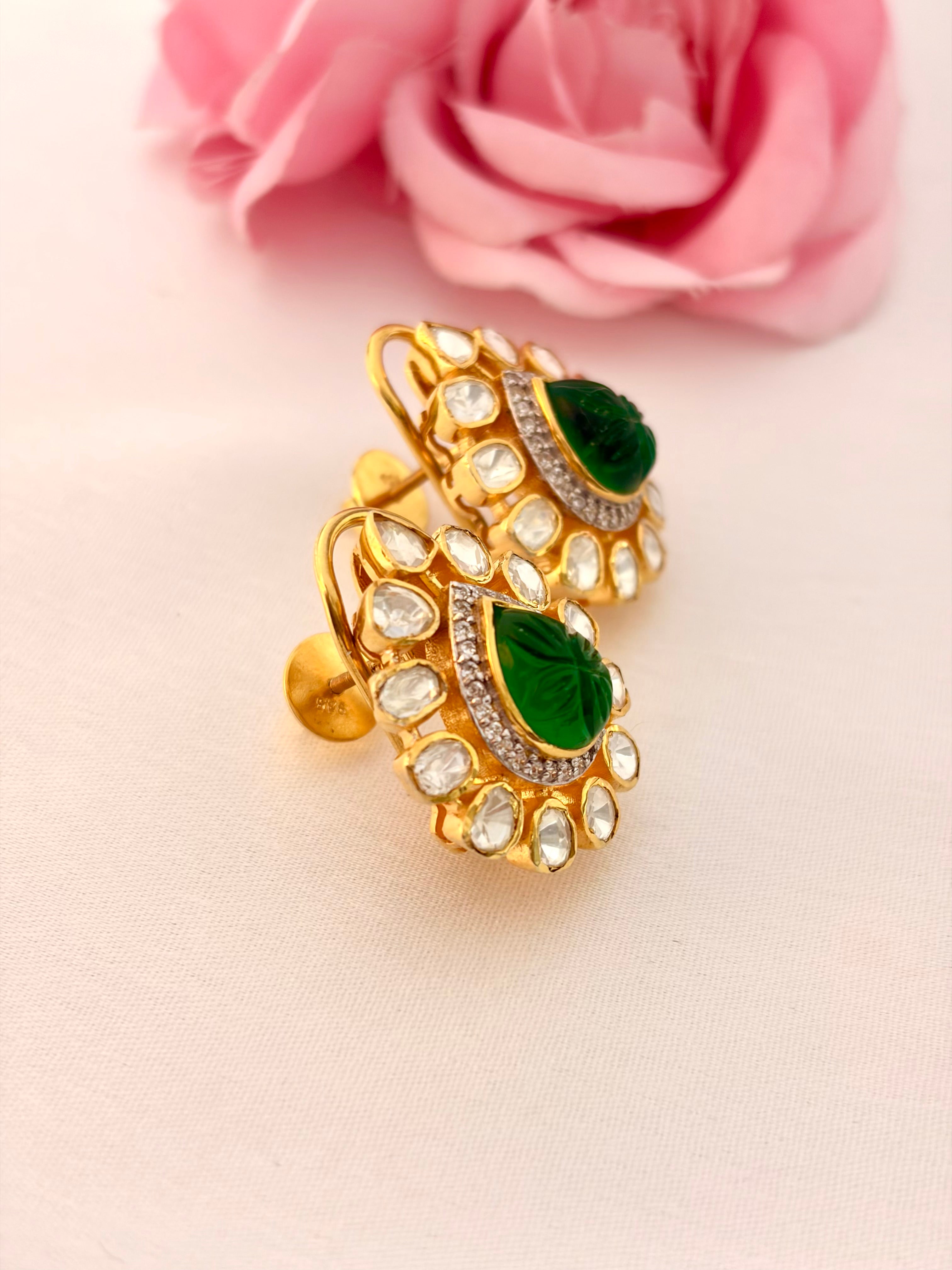 92.5 Silver Green Kundan Teardrop Stud Earrings